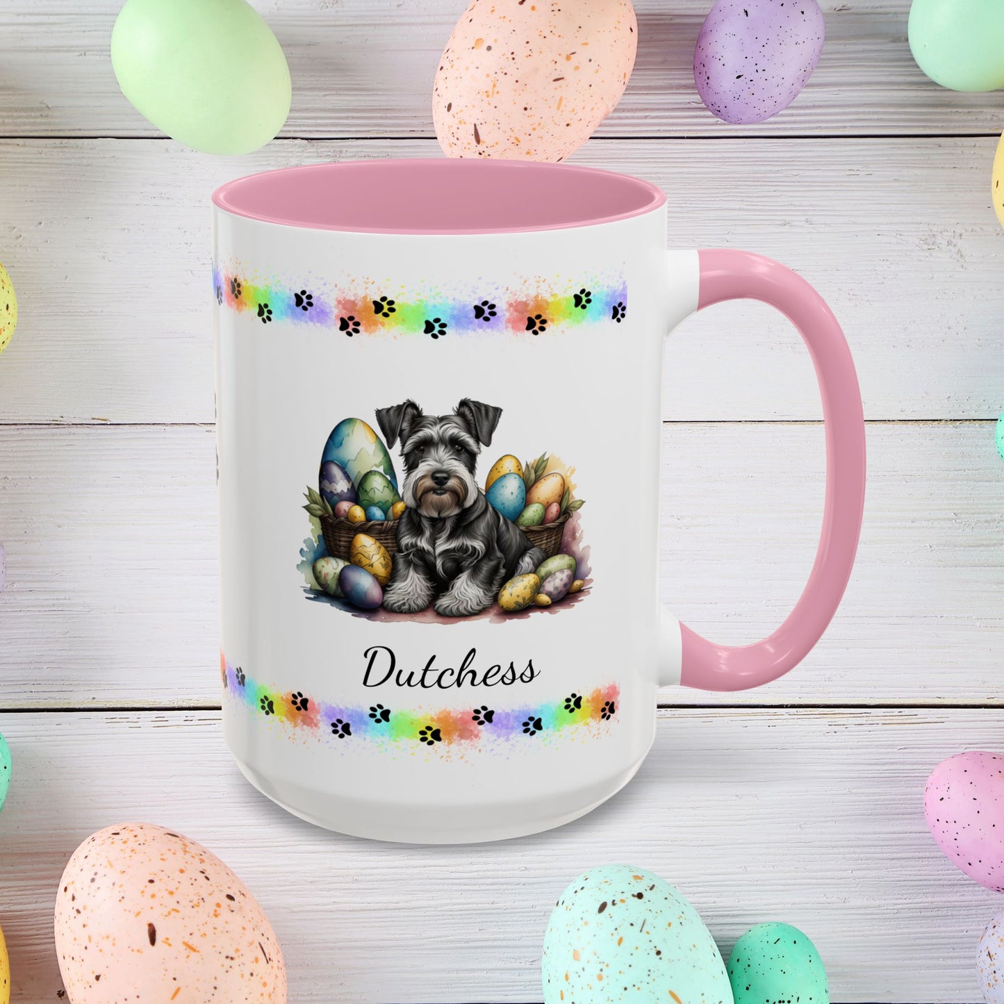 Gray Schnauzer Easter puppy coffee mug personalized for dog moms and dads, perfect for mental health awareness gifts.