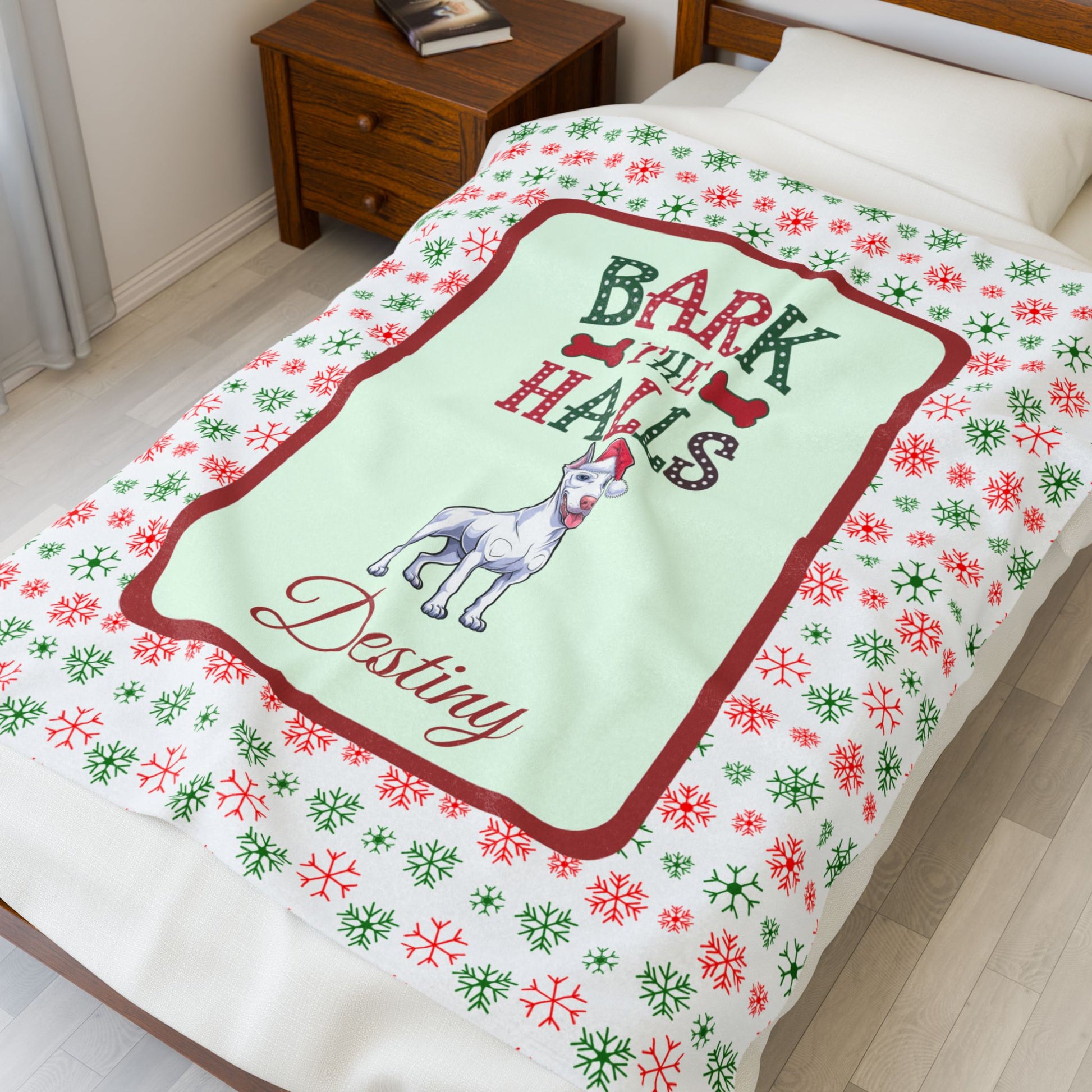 Doberman Pinscher White personalized velveteen Christmas throw Bark The Halls holiday dog lover blanket