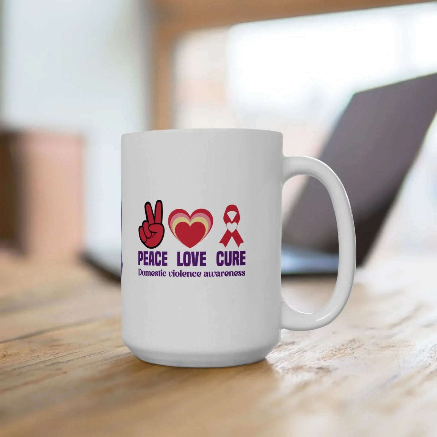 Shop our premium peace love cure domestic violence awareness ceramic mug 11oz 15oz from MySisterIsASurvivor.