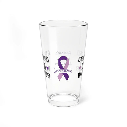 Shop our premium girlfriend of a warrior domestic violence awareness pint glass 16oz from MySisterIsASurvivor.