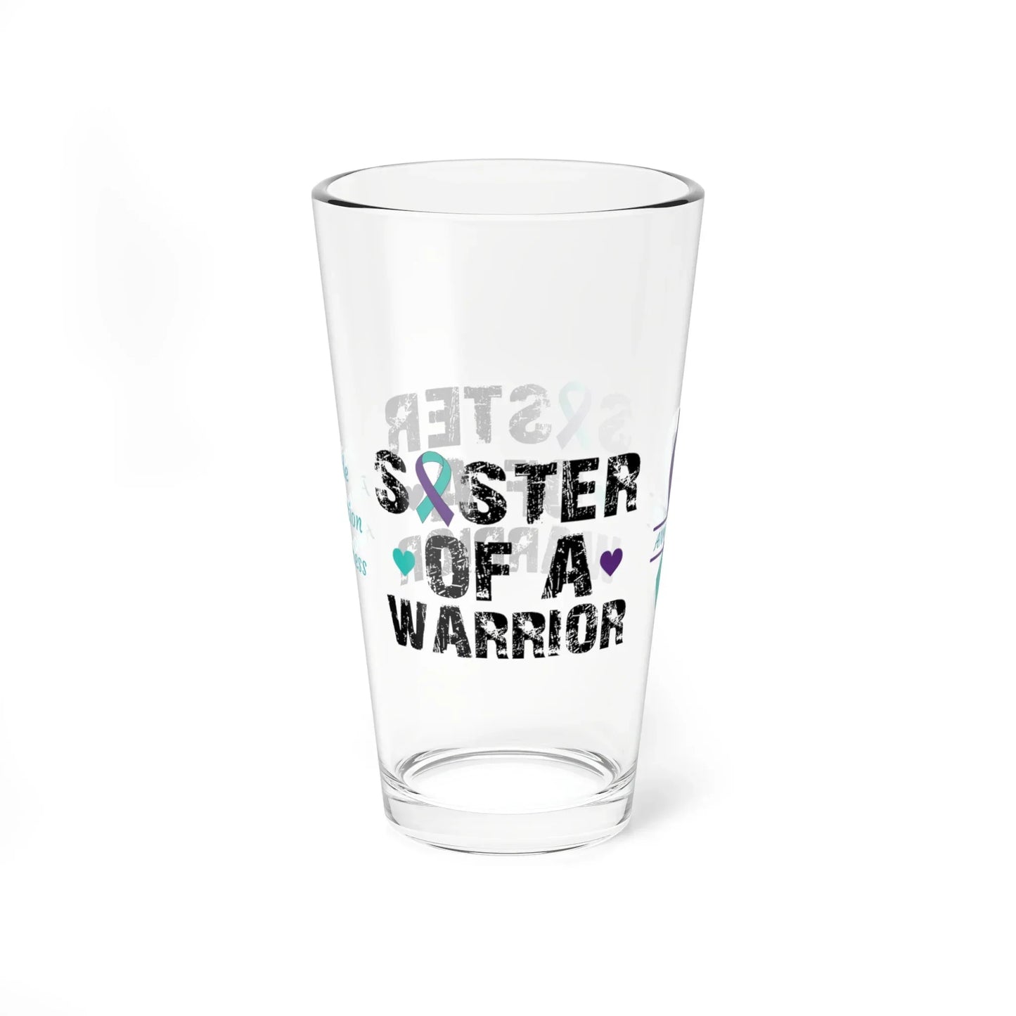 Shop our premium sister of a warrior suicide prevention awareness pint glass 16oz from MySisterIsASurvivor.