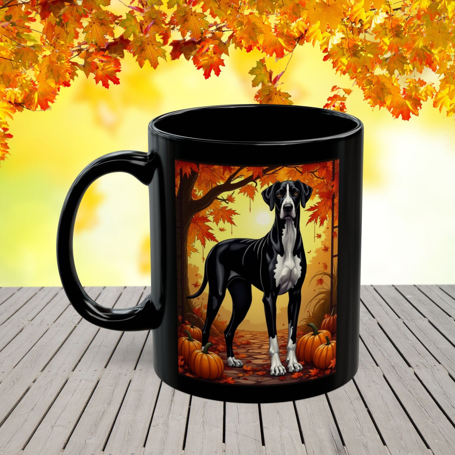 Great Dane Mantle - Autumn black mug, fall coffee cup for dog moms and seasonal Great Dane gift