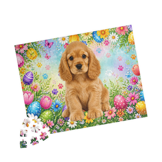 American Cocker Spaniel (Golden) Easter Puppy Puzzle - Spring Garden with Eggs, Tulips, and Daisies