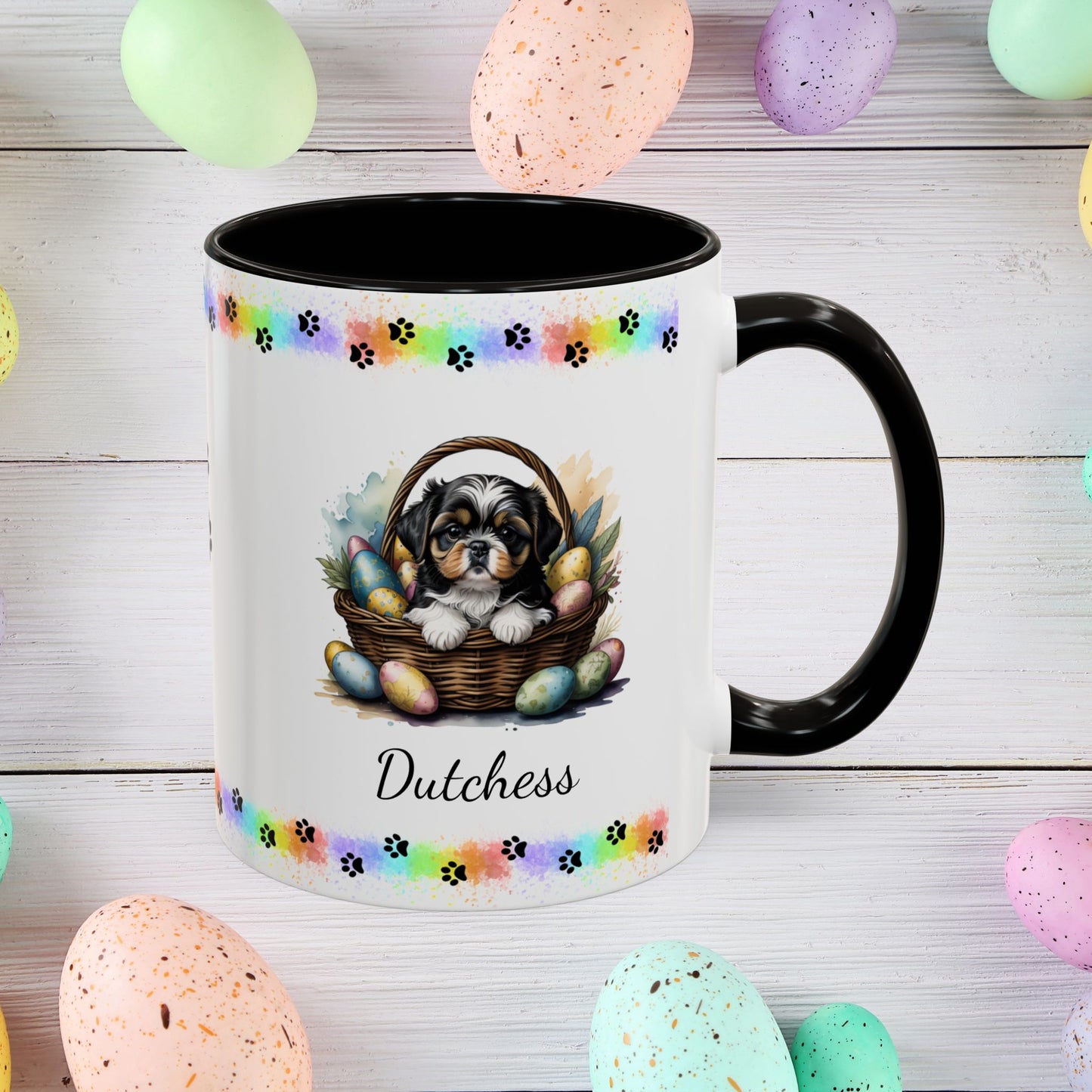 Tricolor Shih Tzu Easter puppy coffee mug personalized dog design, perfect for pet lovers and mental health awareness.