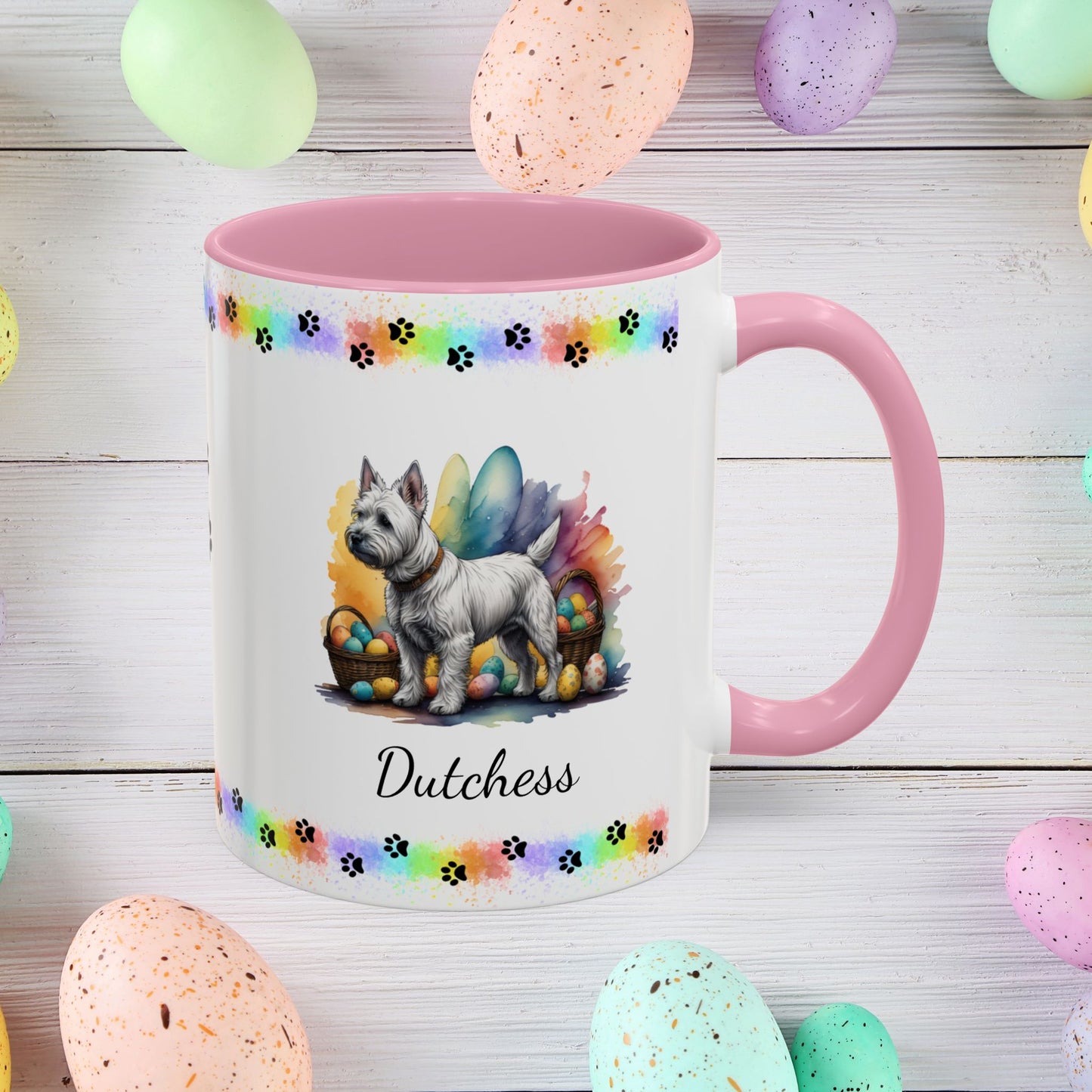 West Highland Terrier Easter puppy coffee mug personalized gift, perfect for Easter mornings and mental health awareness.