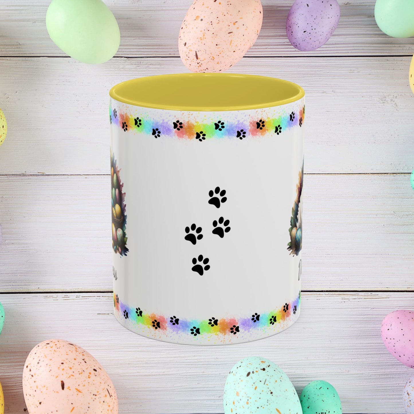 Samoyed Easter puppy coffee mug personalized dog design, cozy mental health gift for spring and daily mindfulness.