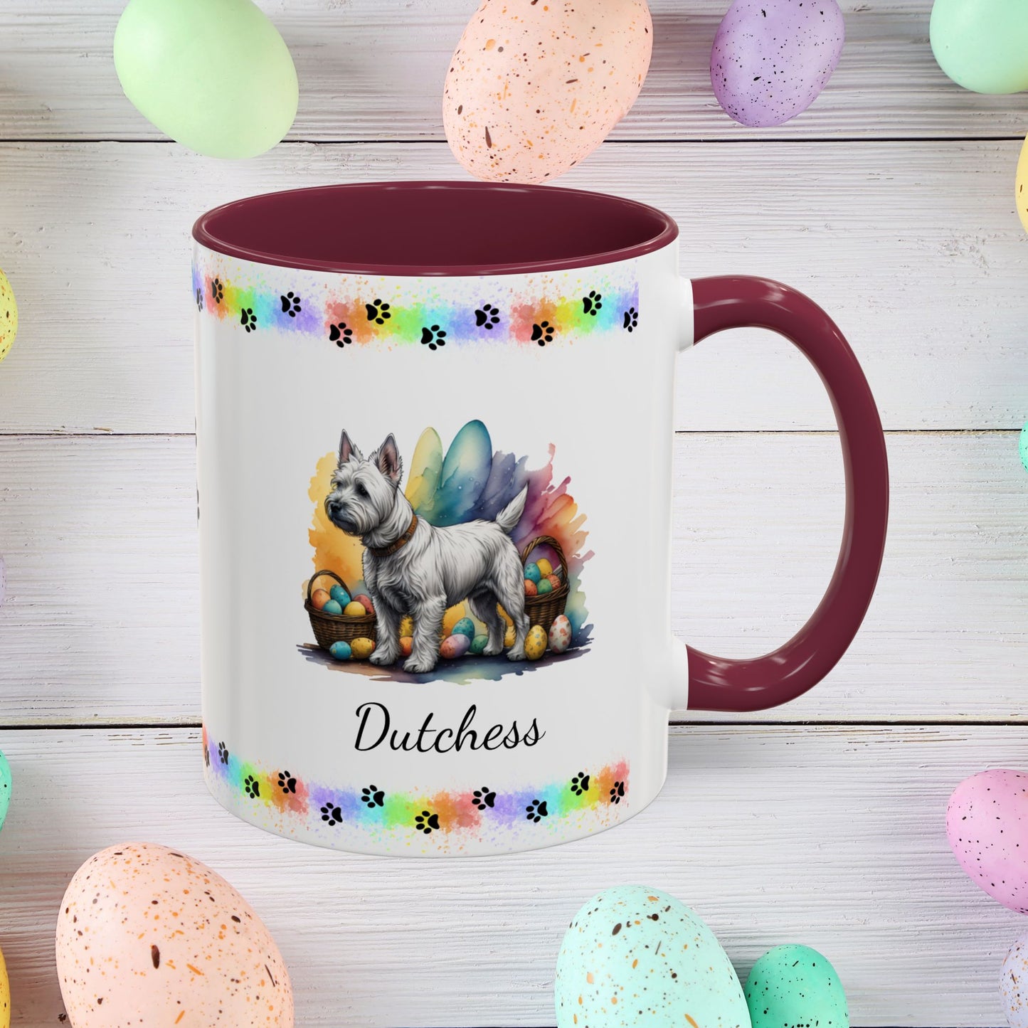 West Highland Terrier Easter puppy coffee mug personalized gift, perfect for Easter mornings and mental health awareness.