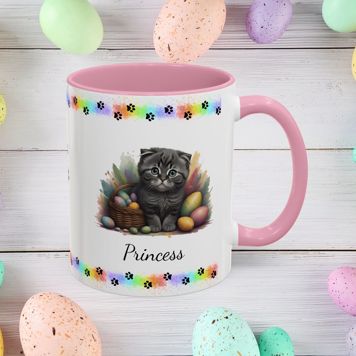 Scottish Fold Easter coffee mug, personalized kitten design, cute cat gift for mental health awareness