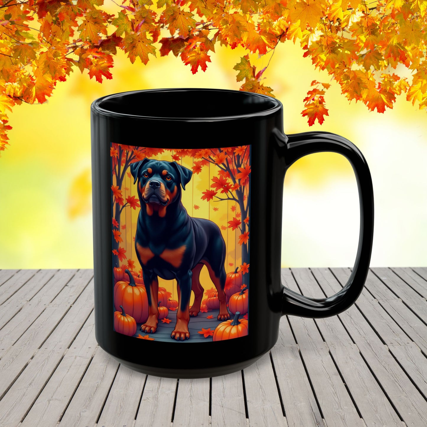 Black and mahogany Rottweiler dog in autumn leaves on a custom ceramic coffee mug.