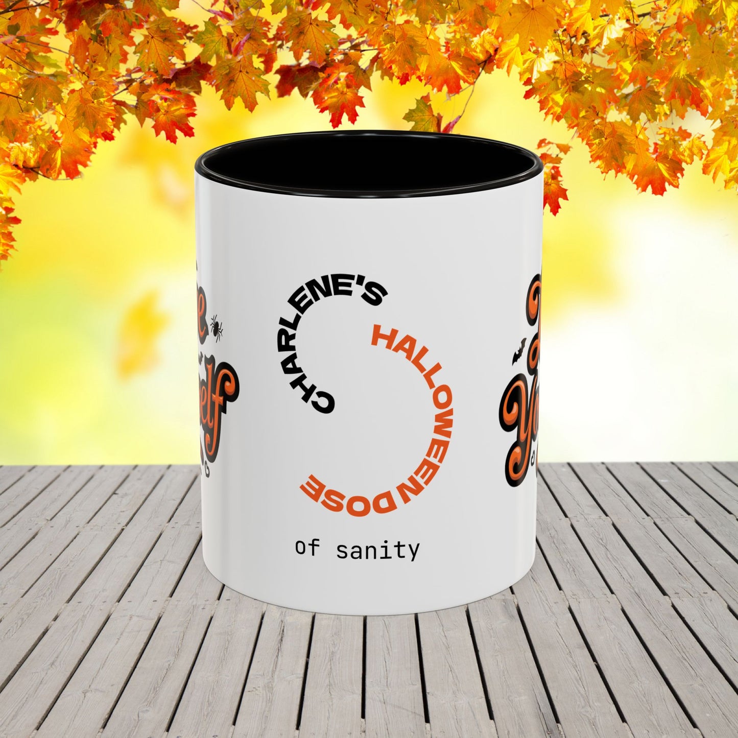 Love Yourself Halloween Mug -custom coffee cup with name & uplifting seasonal quote
