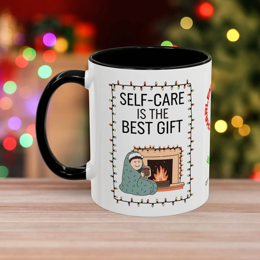 Shop our self care is the best gift christmas mug featuring the 11oz style option from MySisterIsASurvivor.