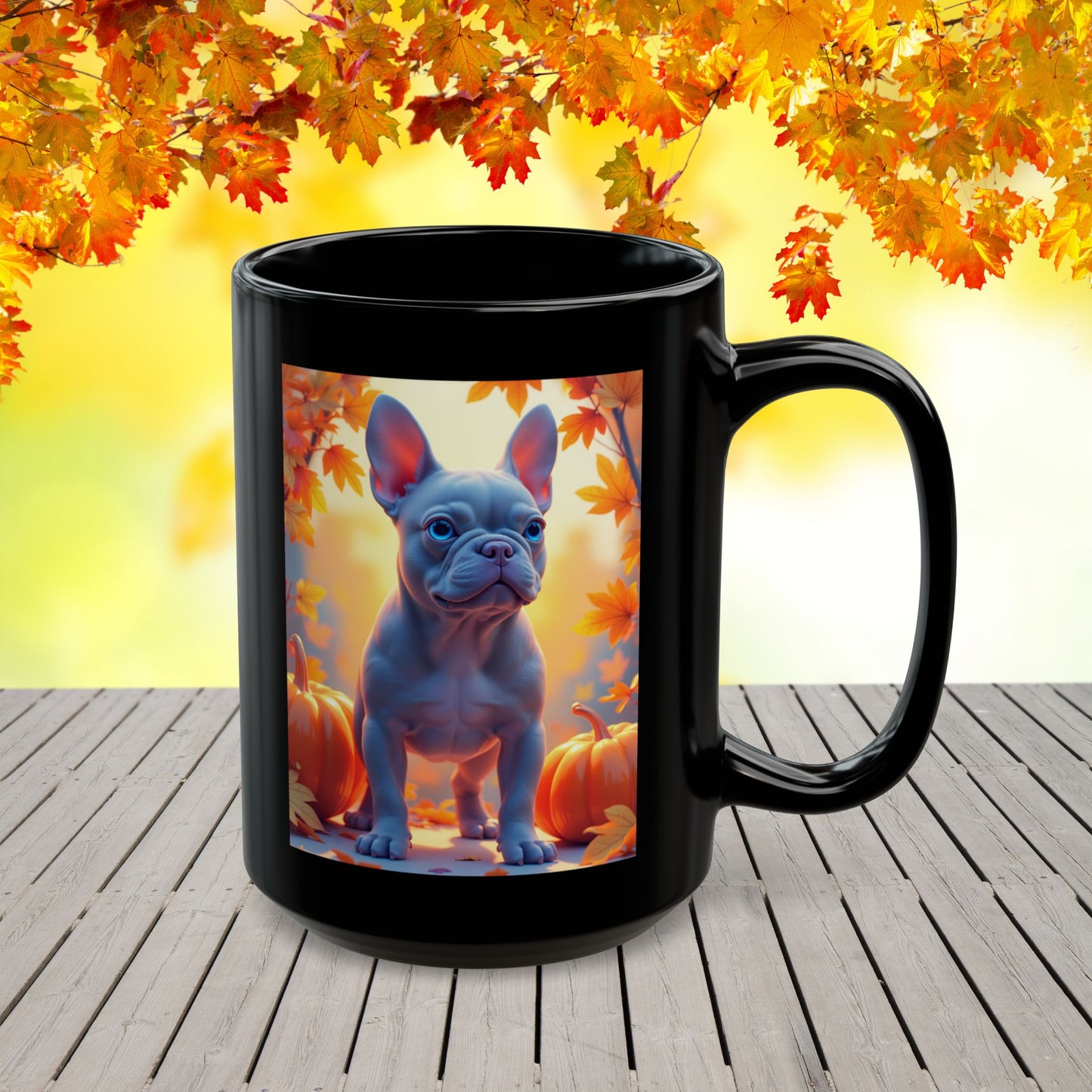 Blue French Bulldog Autumn Black Mug - Cute fall coffee mug for Frenchie dog owners
