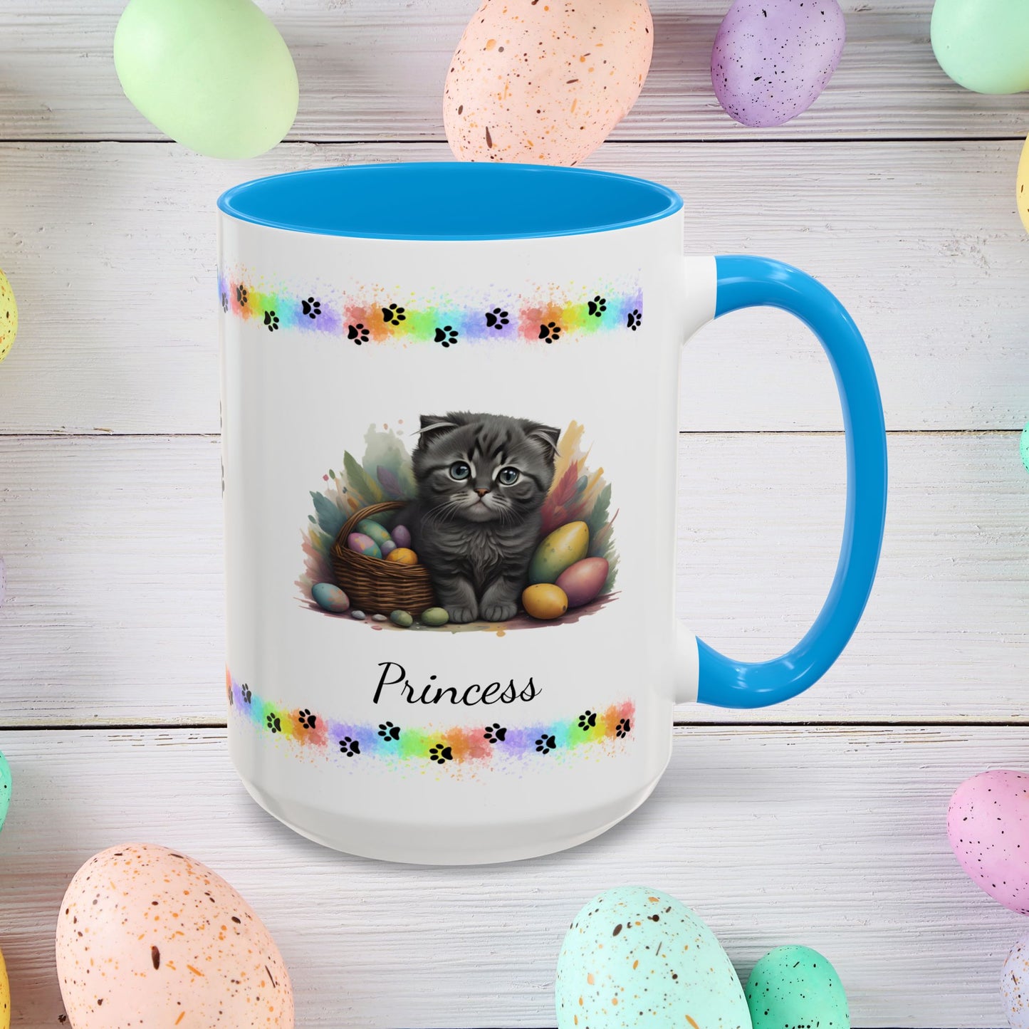 Scottish Fold Easter coffee mug, personalized kitten design, cute cat gift for mental health awareness
