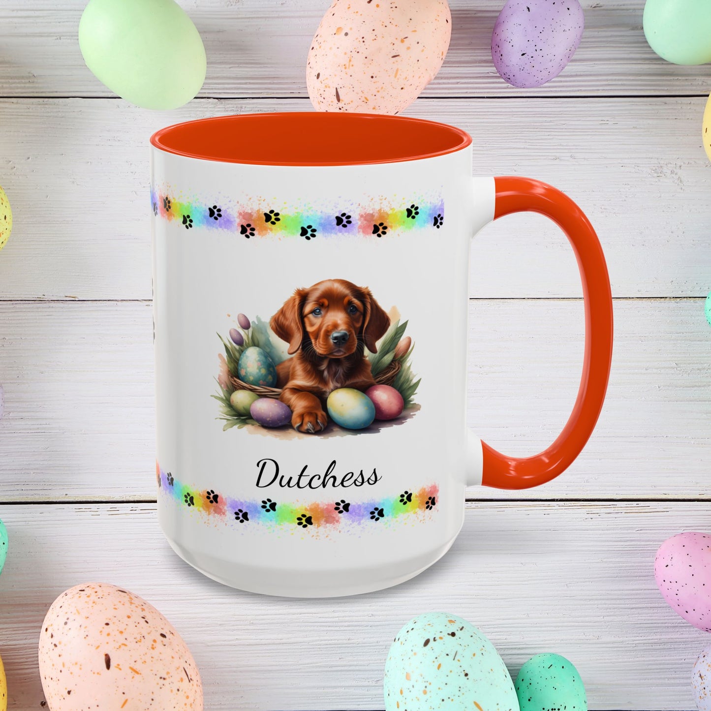 Irish Setter Easter puppy coffee mug, personalized cute dog gift for mental health support and cozy mornings