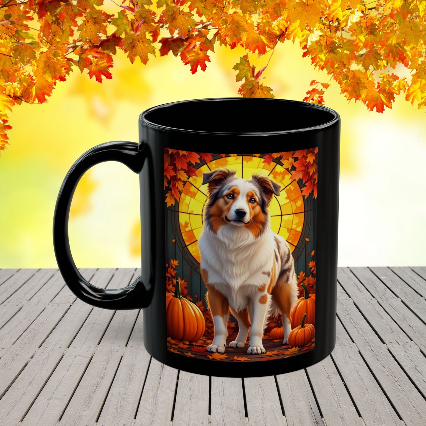 Australian Shepherd Red Merle - Autumn mug, personalized herding dog coffee cup for Aussie enthusiasts