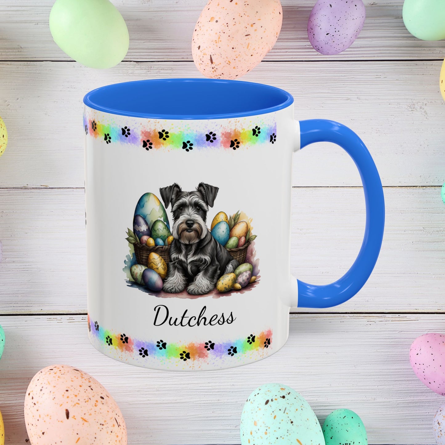 Gray Schnauzer Easter puppy coffee mug personalized for dog moms and dads, perfect for mental health awareness gifts.