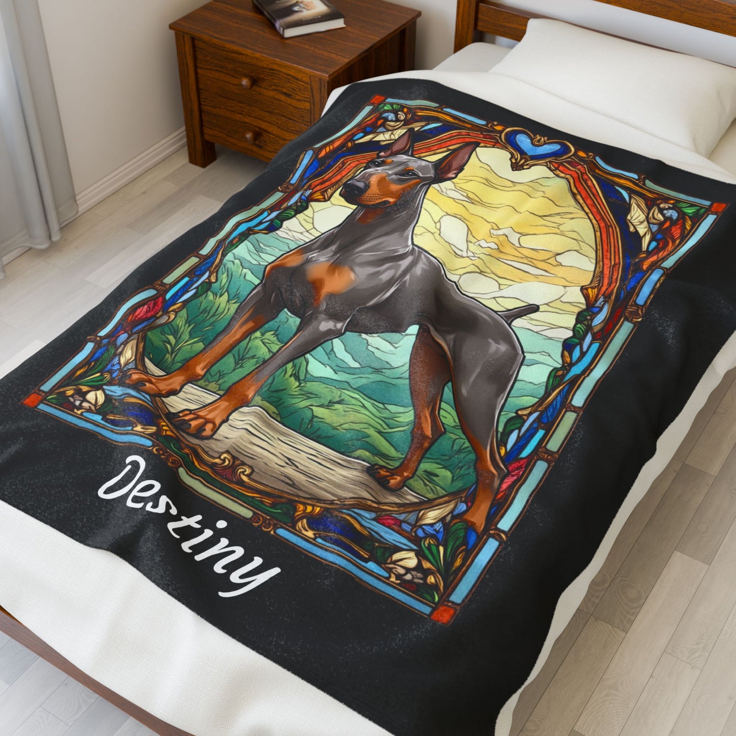 Doberman fawn Isabella and rust velveteen blanket, stained glass dog throw, personalized pet gift - MySisterIsASurvivor