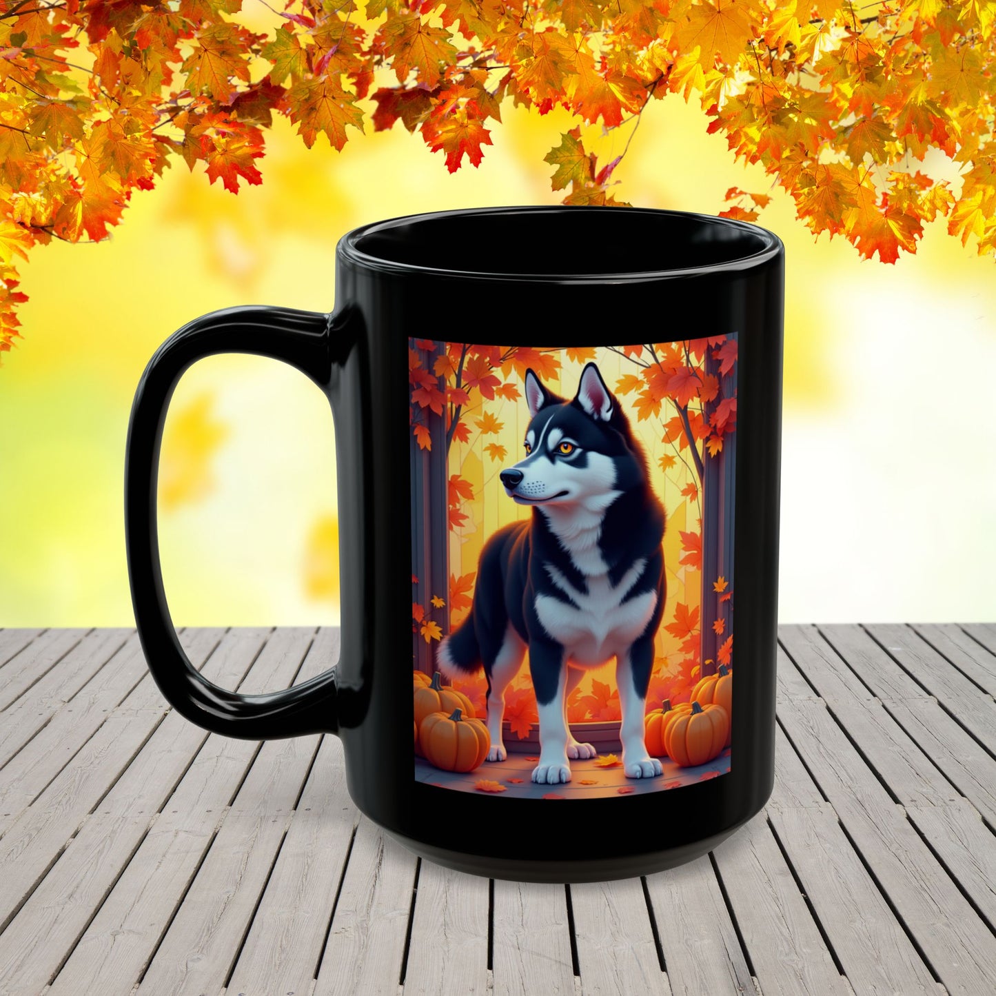Black & White Husky (Amber Eyes) autumn mug, personalized dog owner gift for cozy fall coffee or tea