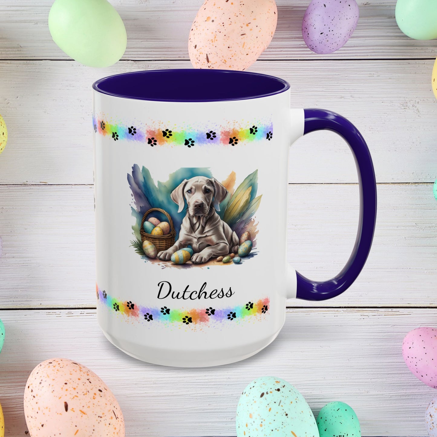 Weimaraner taupe Easter puppy coffee mug personalized dog design, ideal for promoting calm, comfort, and spring cheer.