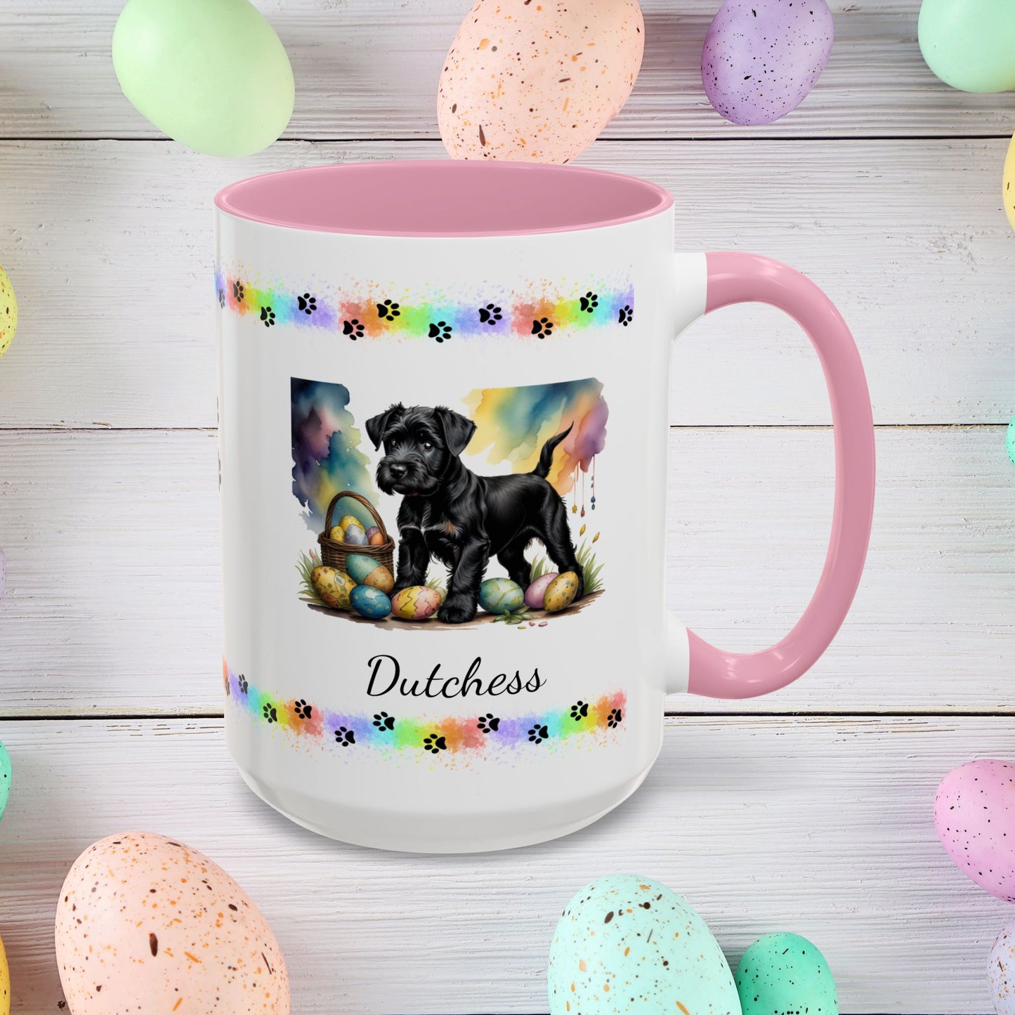 Black Schnauzer Easter puppy coffee mug personalized dog lover gift, promoting peace, positivity, and emotional wellness.