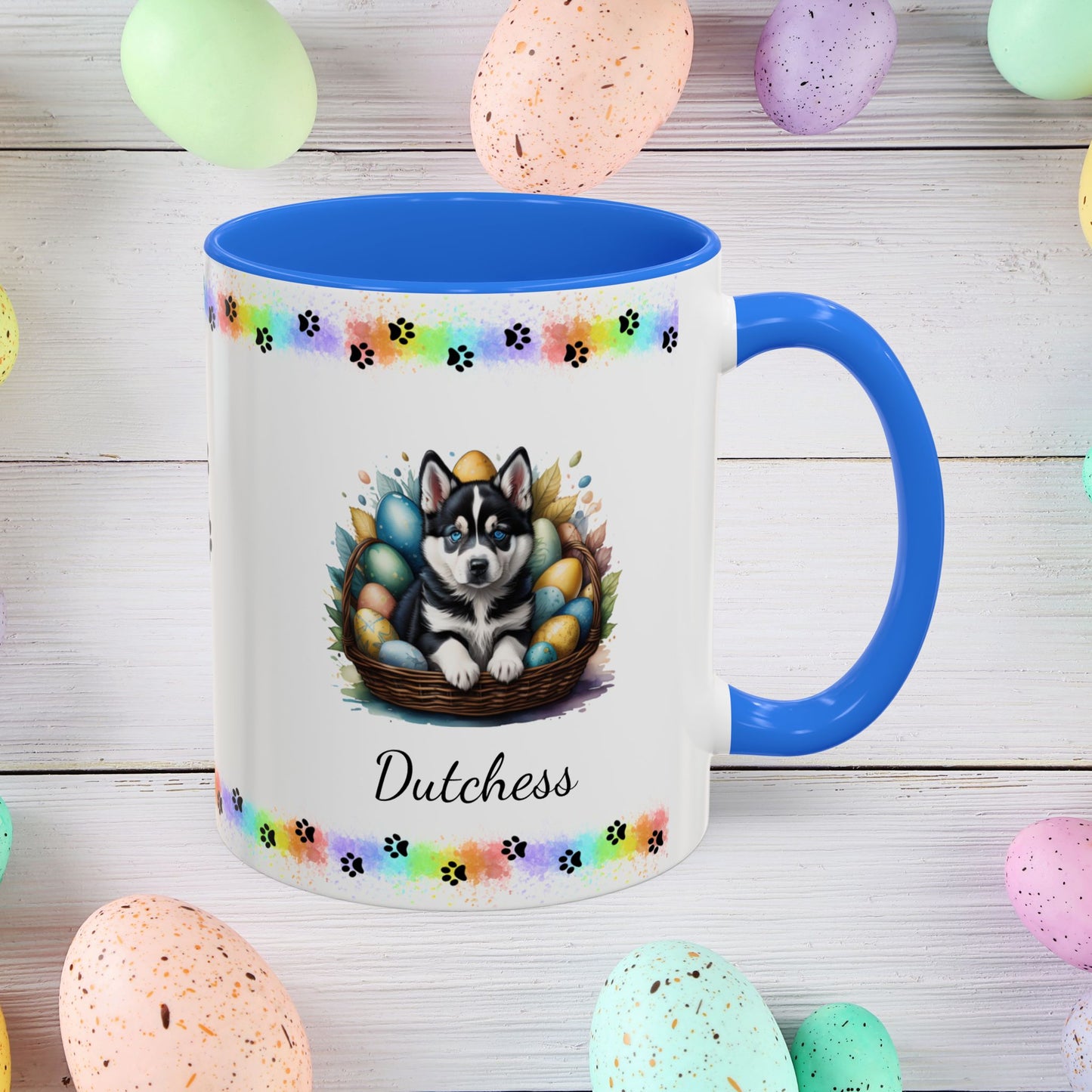 Siberian Husky Easter puppy coffee mug personalized cute dog design, uplifting gift for springtime mental health support.