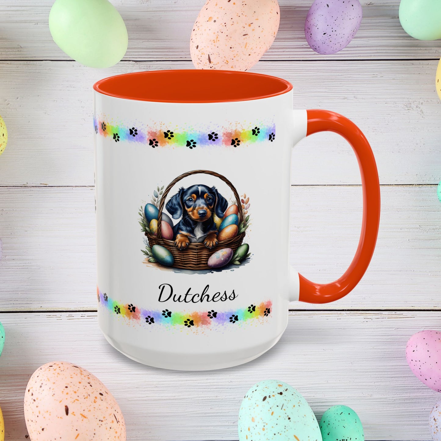 Dachshund personalized Easter puppy mug, cute dog coffee cup gift for mental health awareness and dog lovers