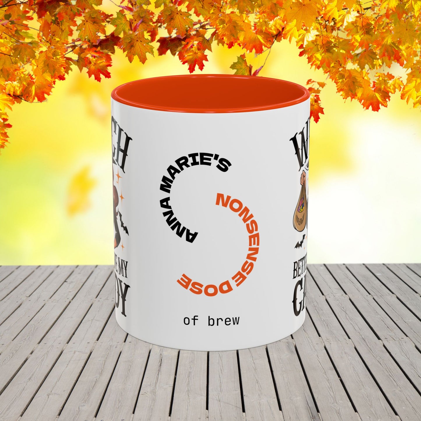 Halloween coffee mug with “Witch Better Have My Candy” saying, blending humor, self-care, and mental health advocacy