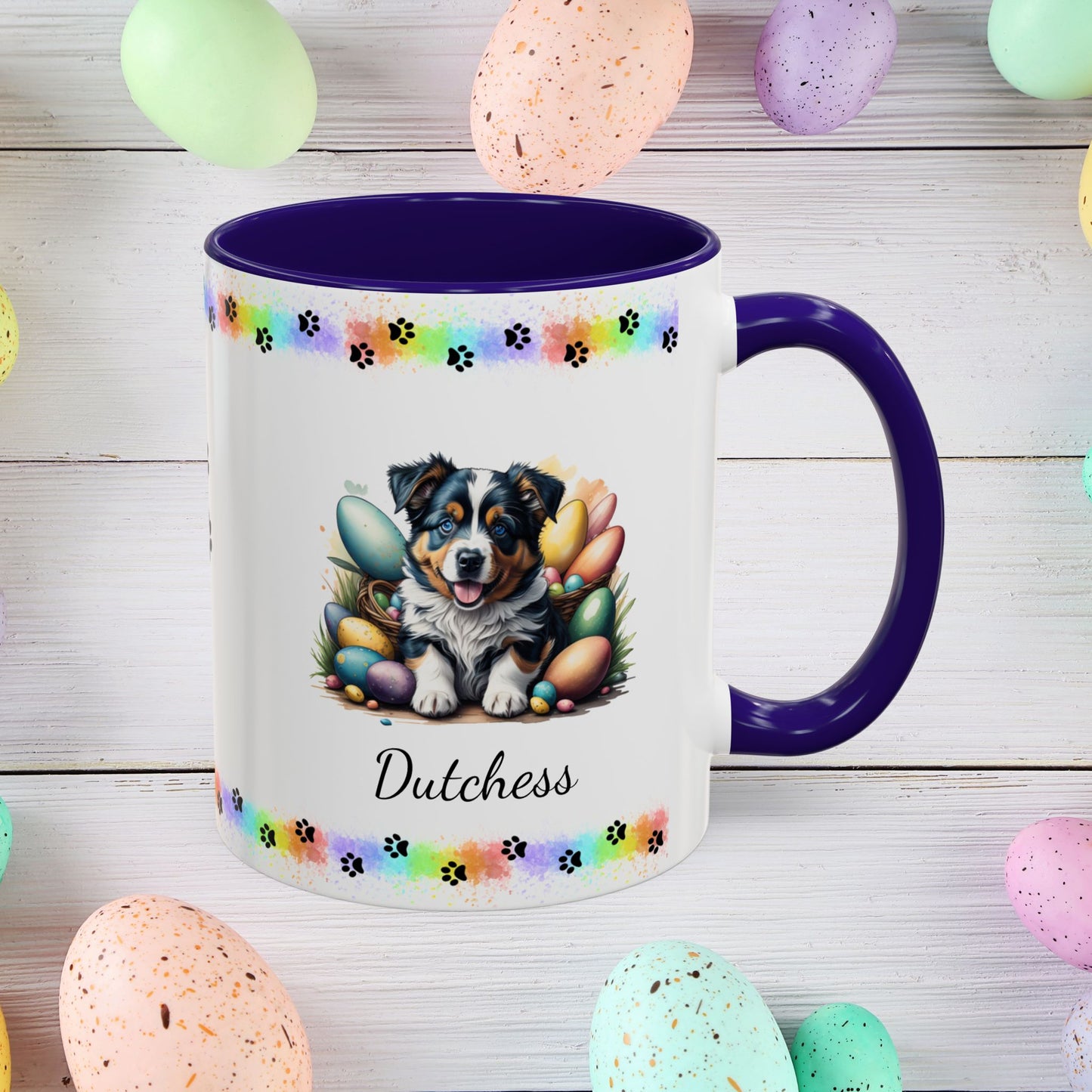 Australian Shepherd personalized Easter puppy mug, adorable cute dog coffee cup, mental health awareness gift