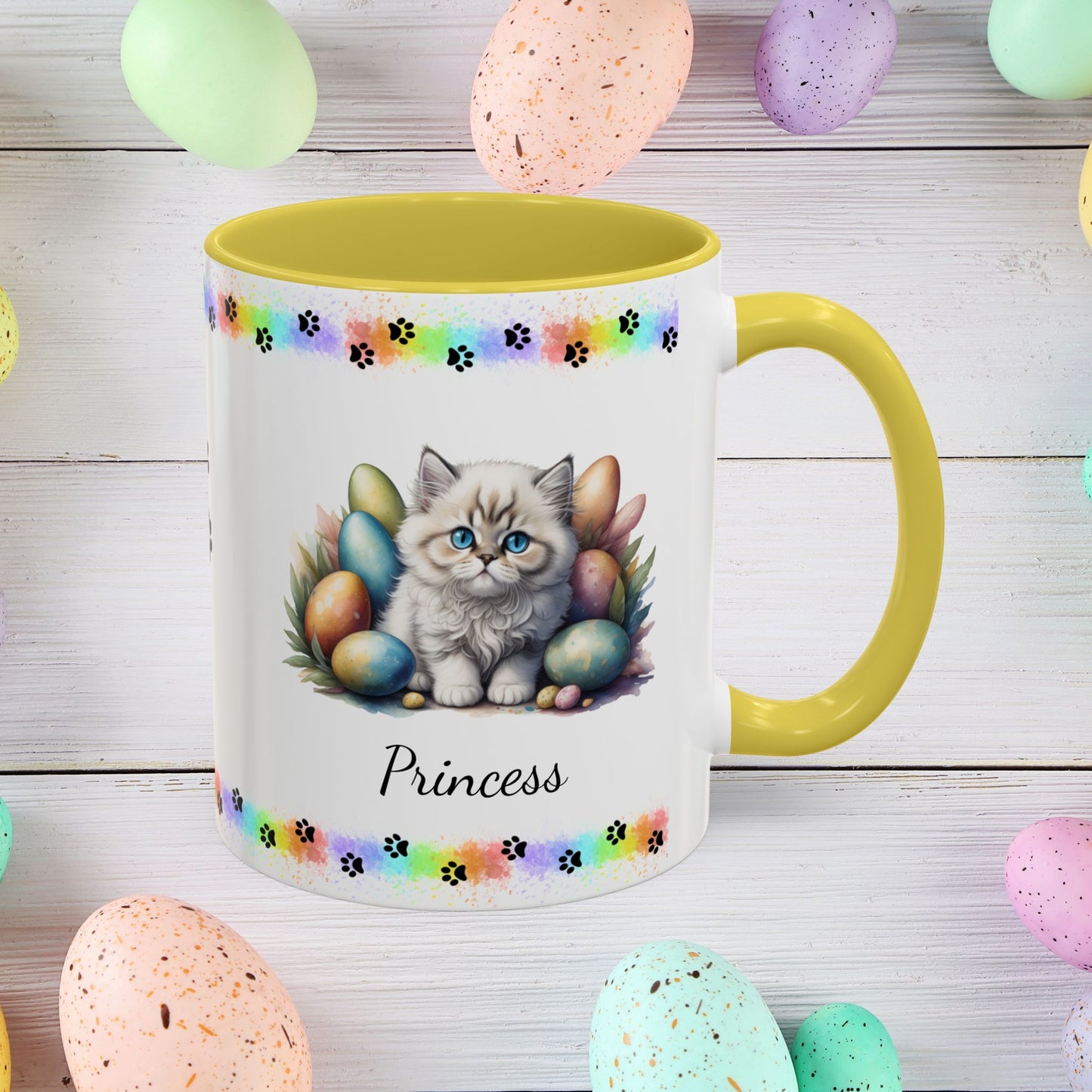Persian Easter kitten coffee mug, personalized cute cat gift, mental health support and festive drinkware