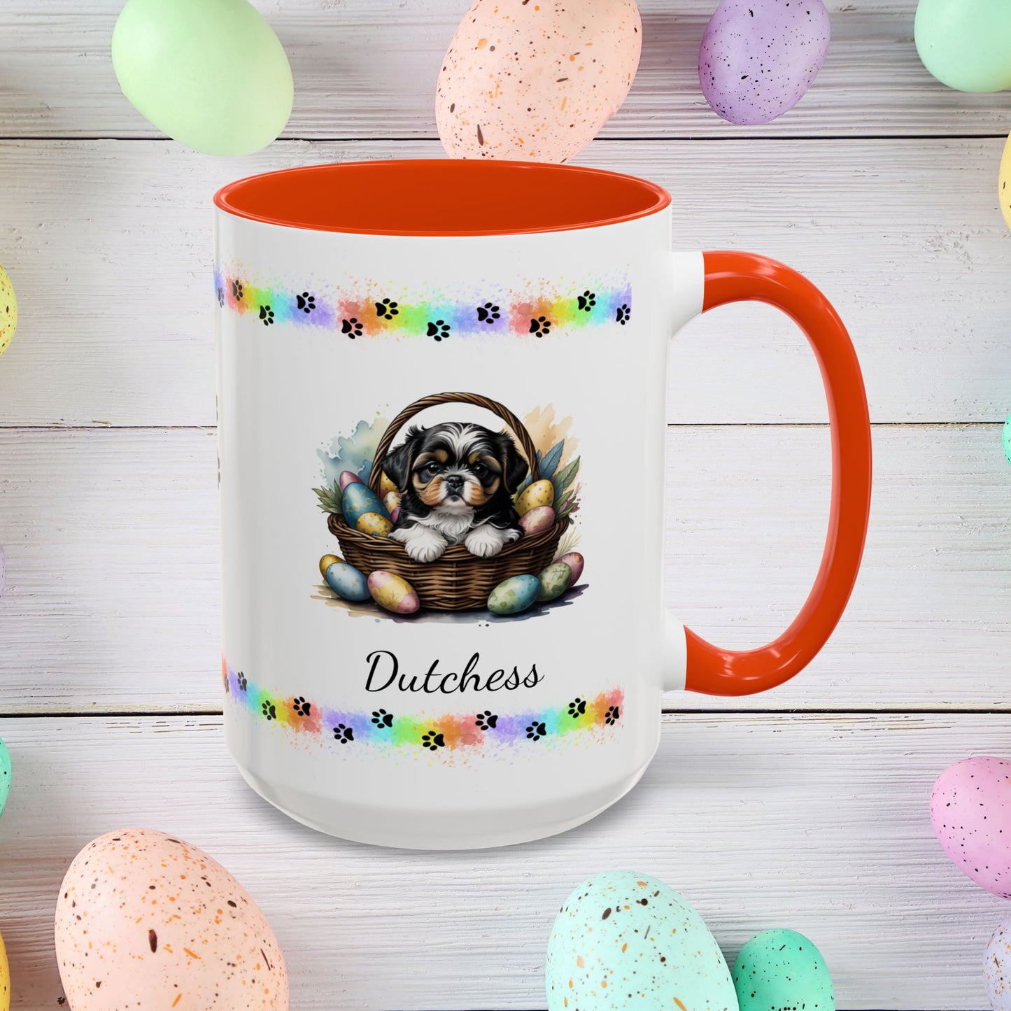 Tricolor Shih Tzu Easter puppy coffee mug personalized dog design, perfect for pet lovers and mental health awareness.
