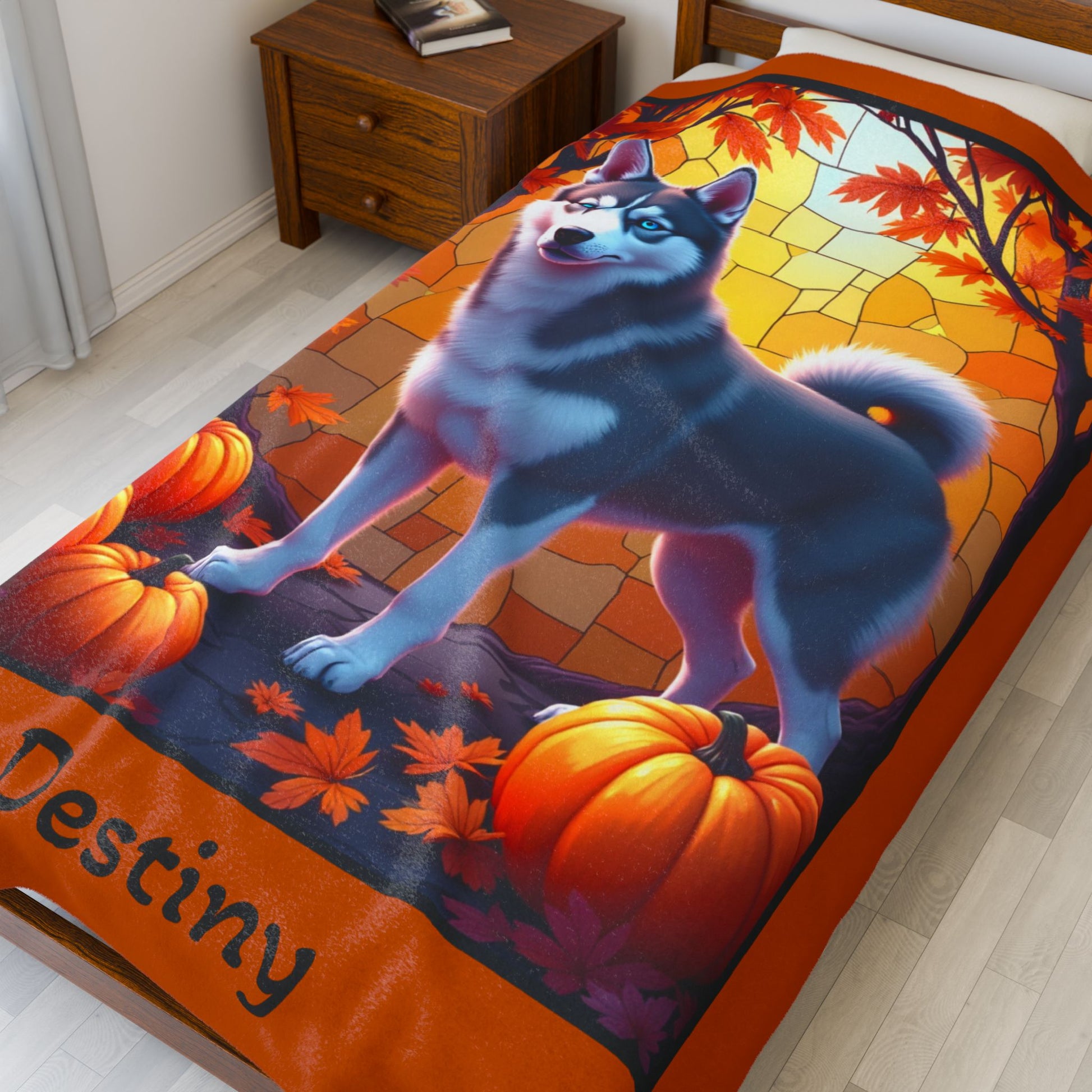 Siberian Husky Dark Grey Coat (Blue Eyes) Velveteen Plush Blanket, Personalized Dog Throw