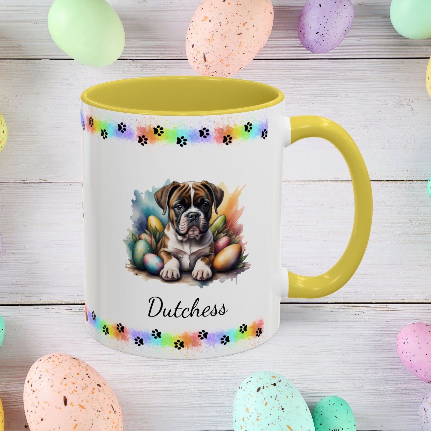 Boxer personalized Easter puppy mug, cute dog coffee cup gift for mental health awareness and dog lovers