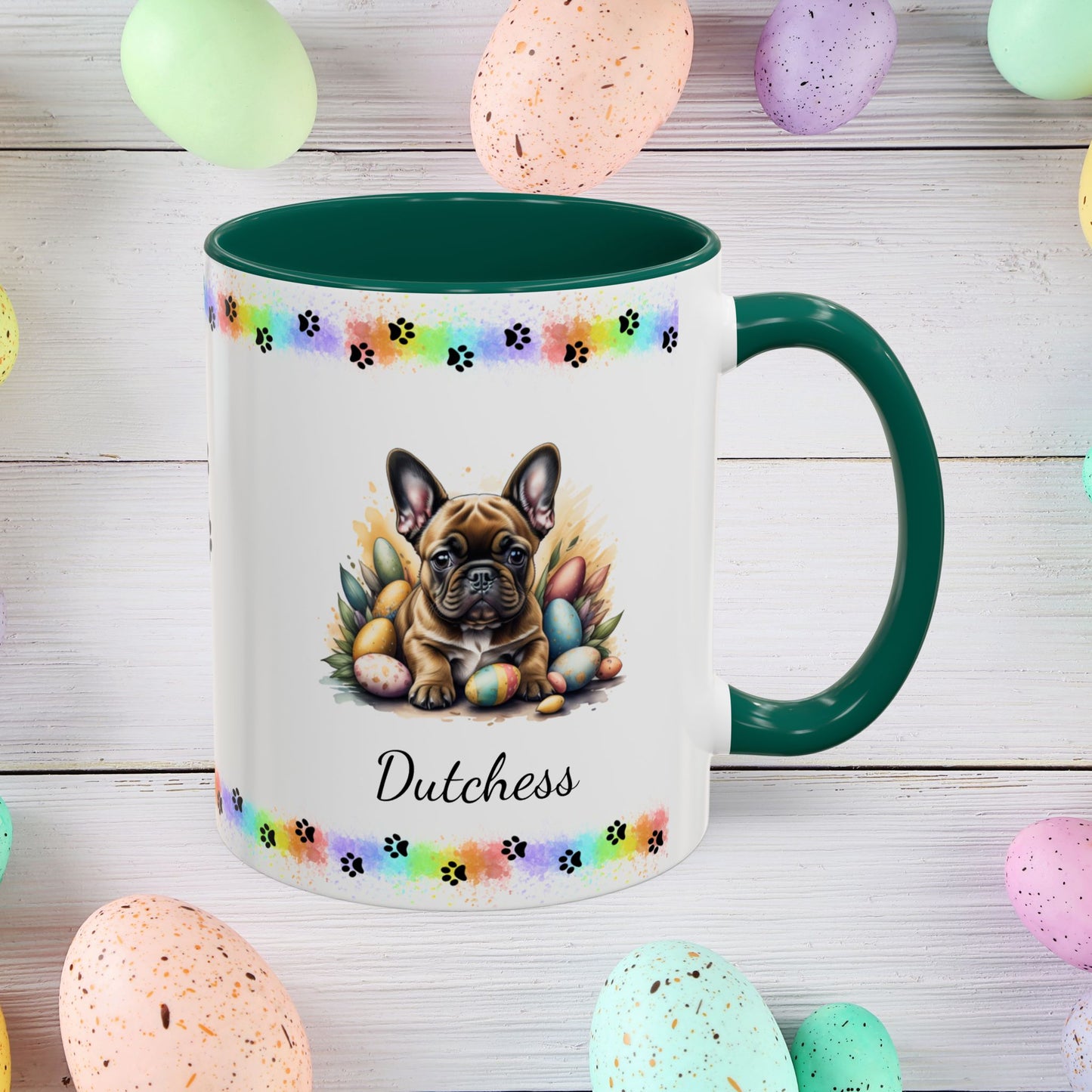 French Bulldog Fawn Easter puppy coffee mug, personalized cute dog gift for mental health support and cozy drinks