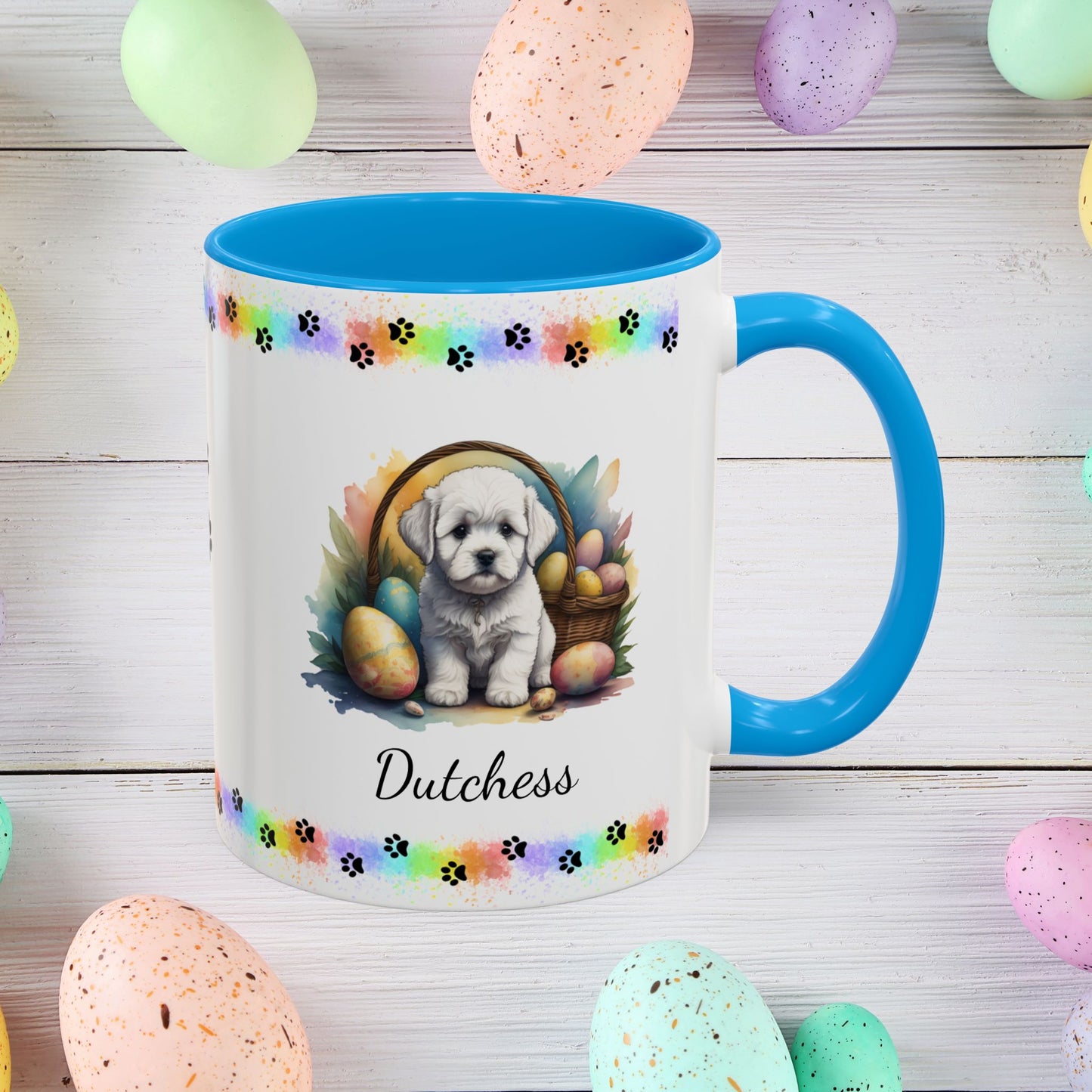 Bichon Frise personalized Easter puppy mug, cute dog coffee cup gift for mental health awareness and comfort