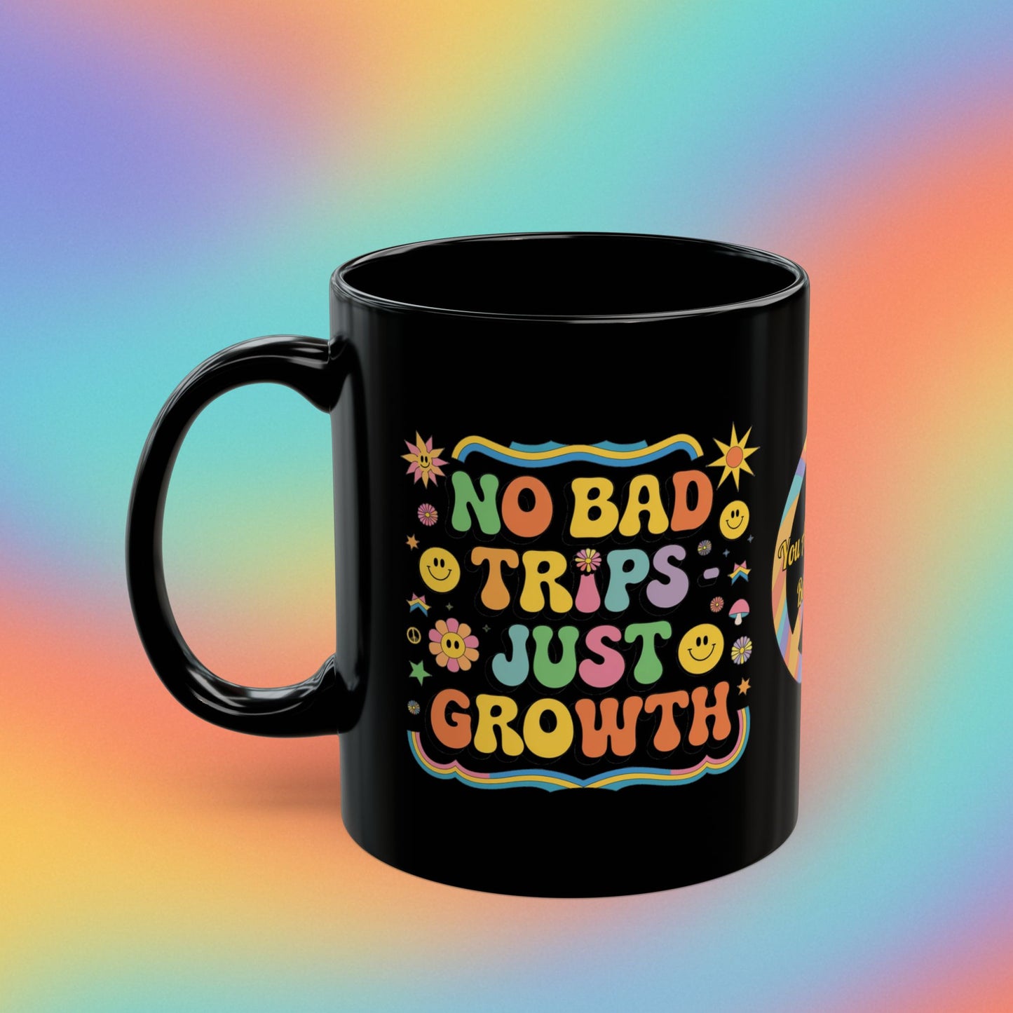 No Bad Trips - Just Growth personalized retro 70s mug, groovy self-care coffee cup - MySisterIsASurvivor