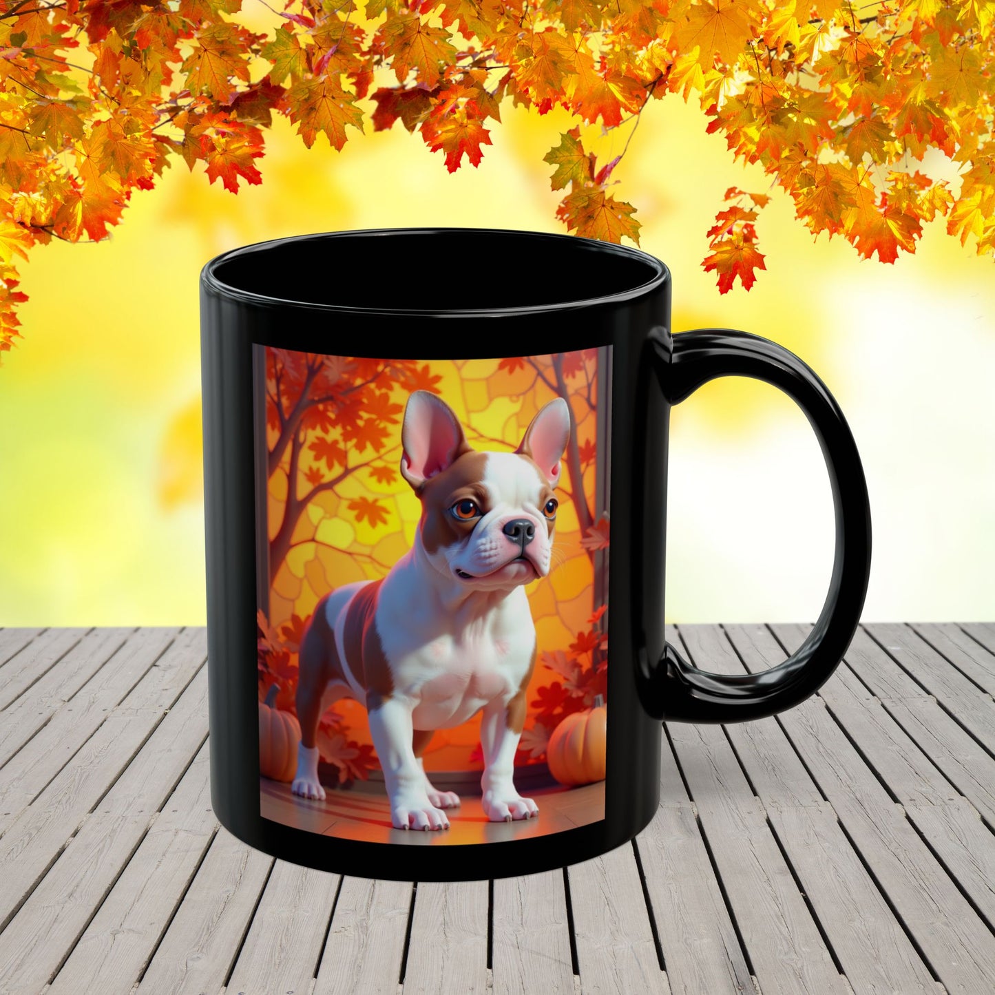 French Bulldog Red Pied - Autumn black mug, seasonal Frenchie lover gift for dog moms and dads