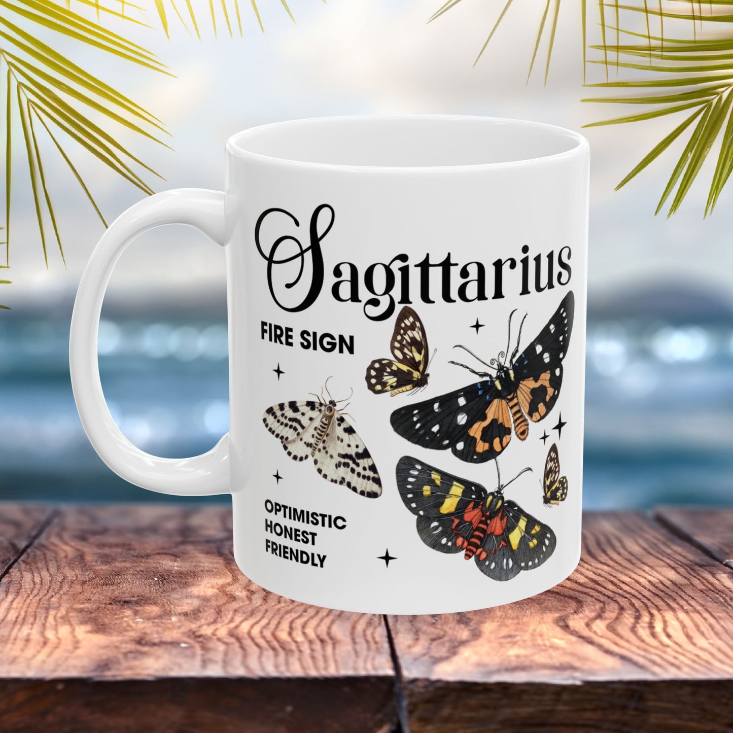 Sagittarius zodiac mug with butterfly art, custom astrology gift idea