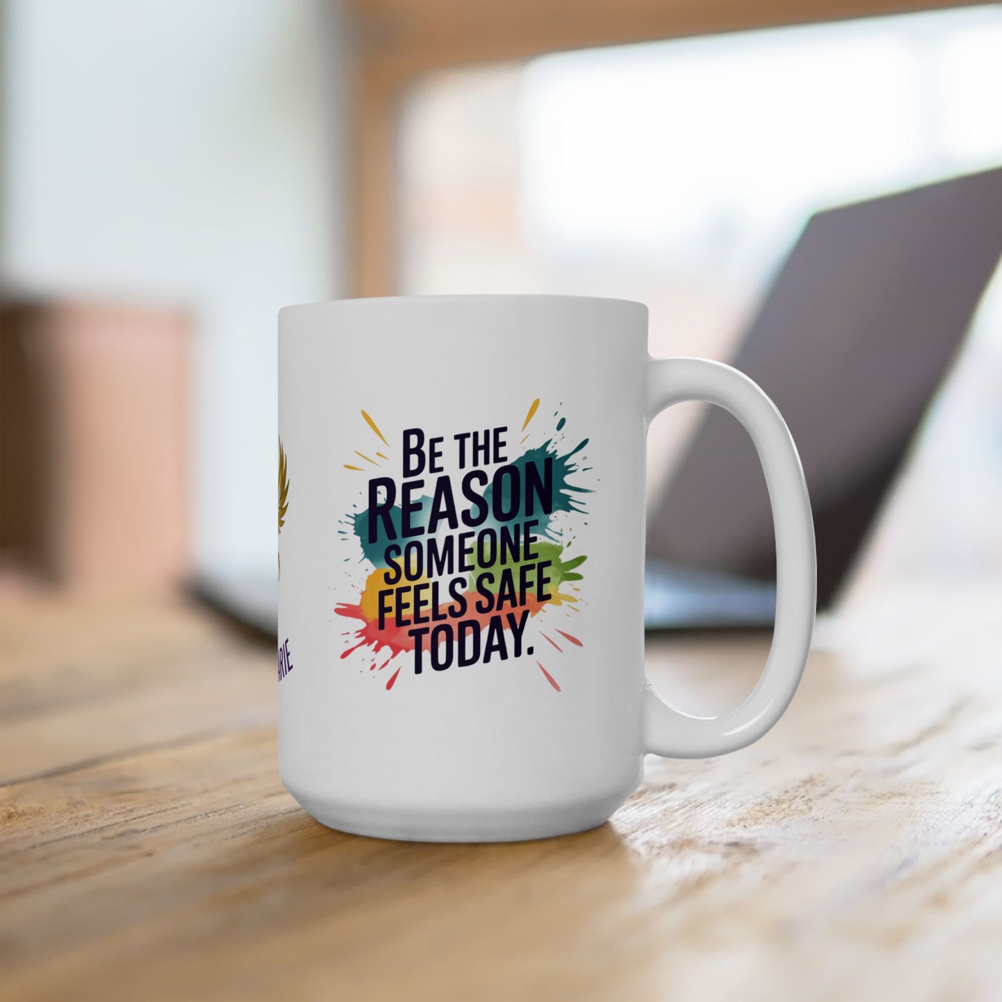 Personalized mug promoting safety and support for victims.