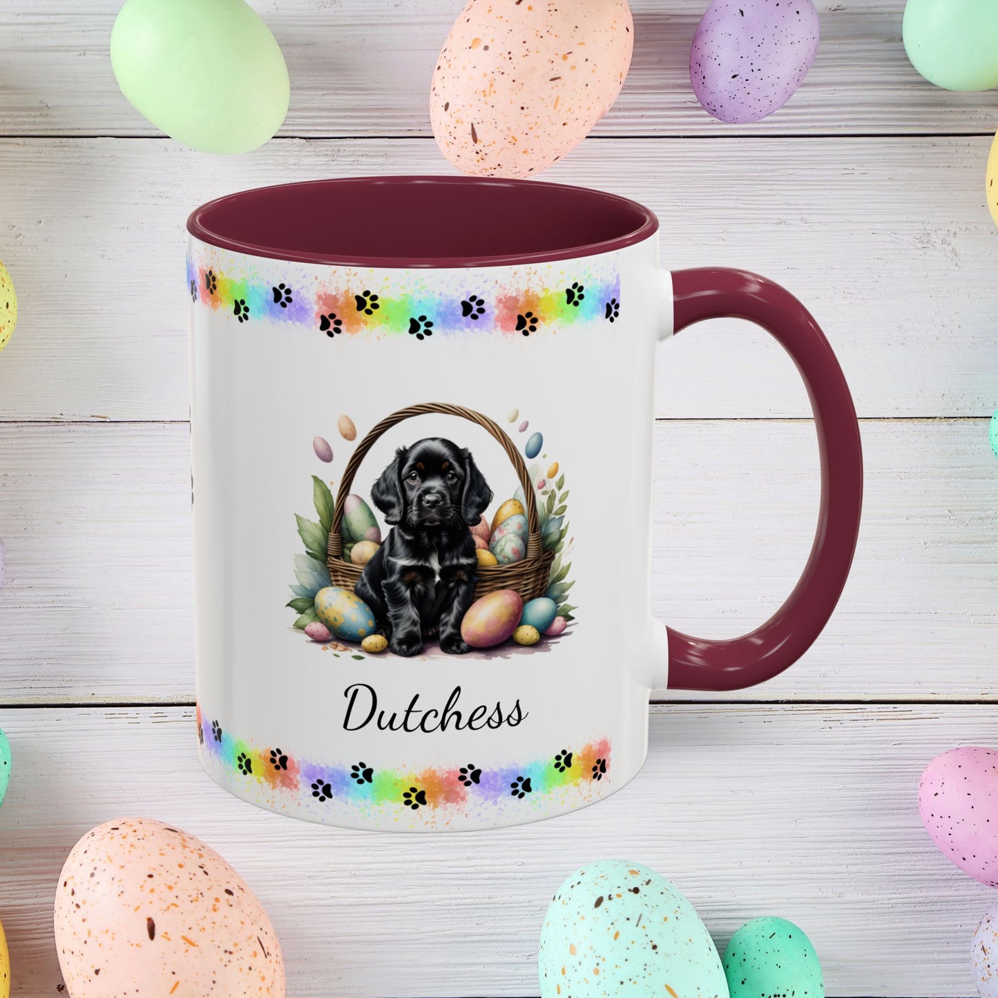 Cocker Spaniel Black personalized Easter puppy mug, cute dog coffee cup gift for mental health awareness