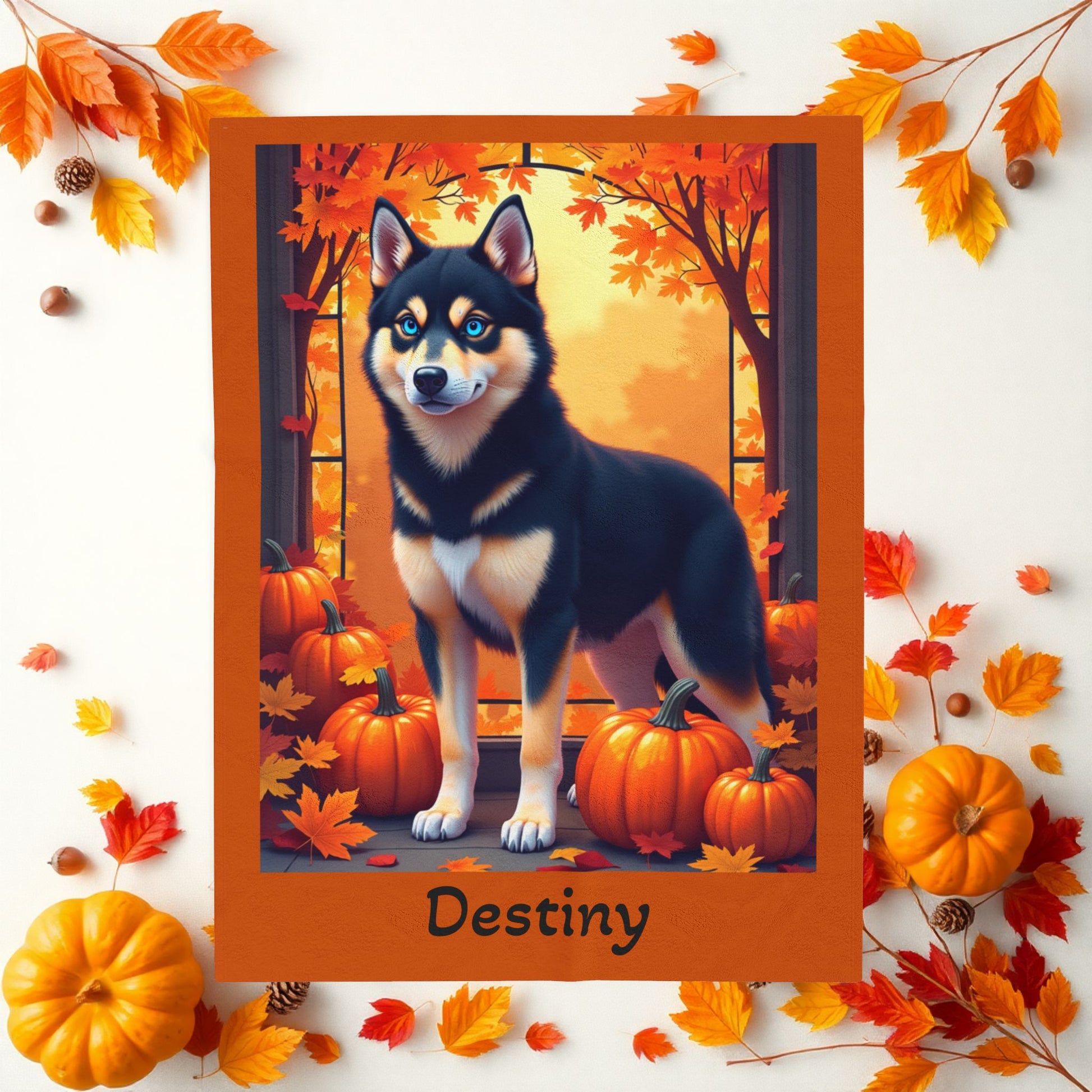 Siberian Husky Black & Tan Coat (Blue Eyes) Velveteen Blanket, Personalized Plush Dog Throw