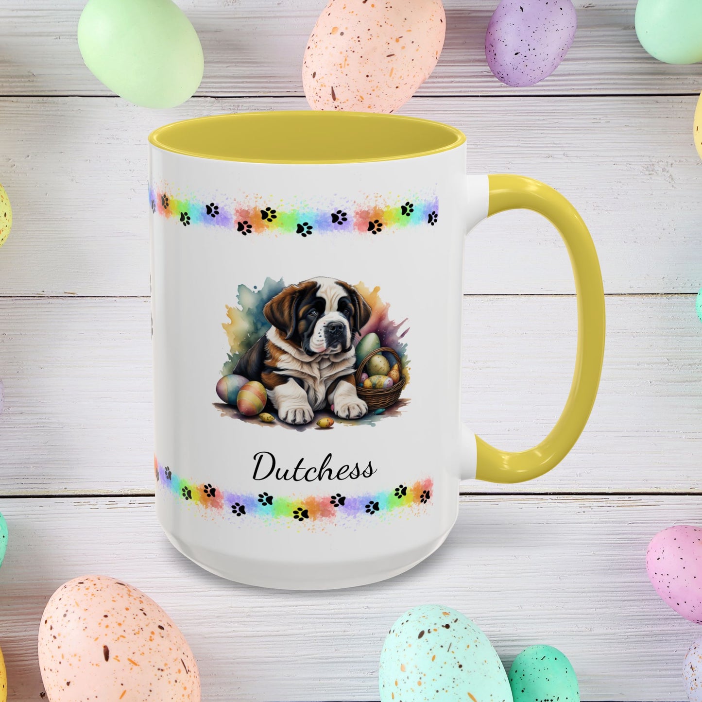 Saint Bernard Easter puppy coffee mug personalized for dog lovers, promoting comfort, calm, and joyful Easter mornings.