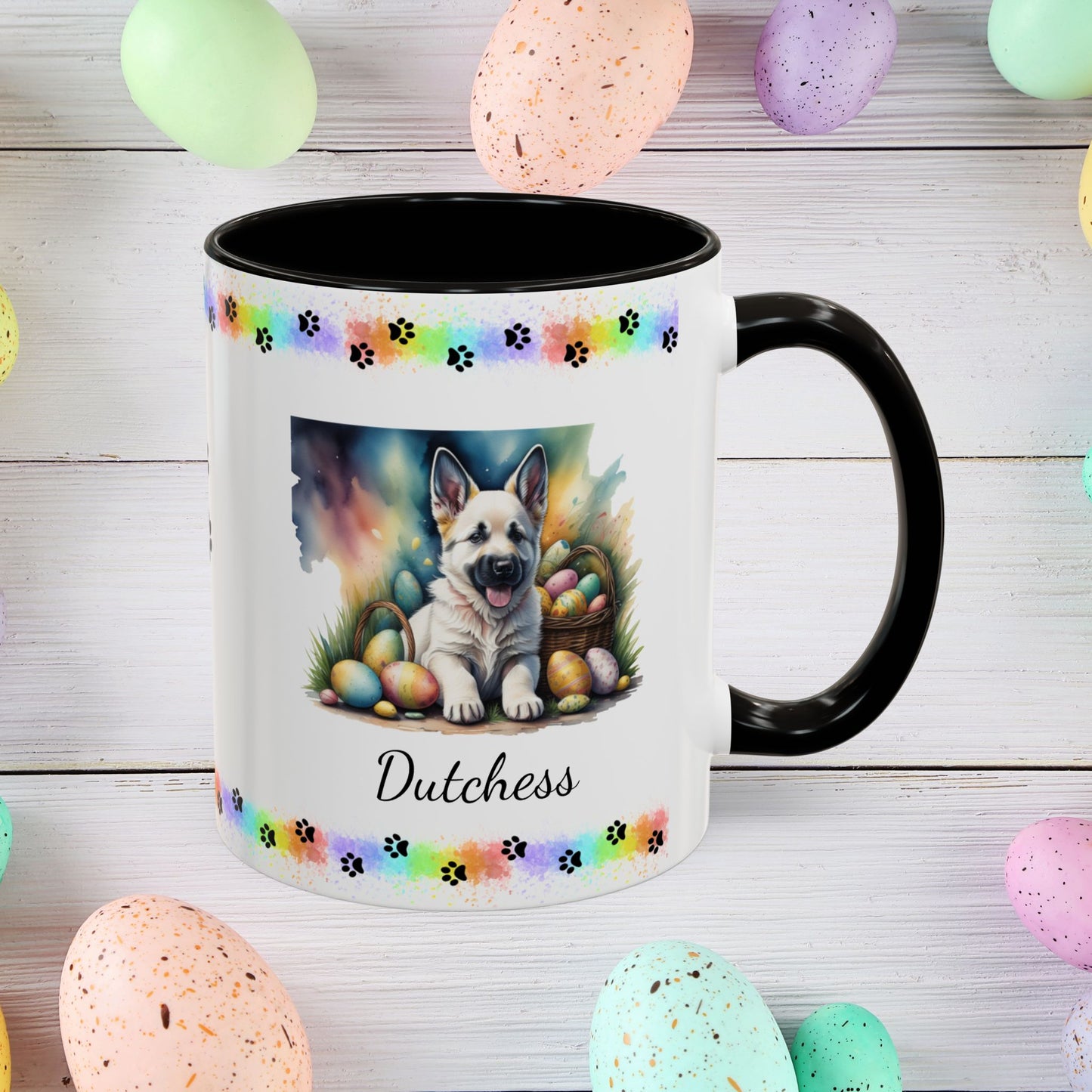 German Shepherd White Easter puppy coffee mug, personalized cute dog gift for mental health awareness and cozy sipping