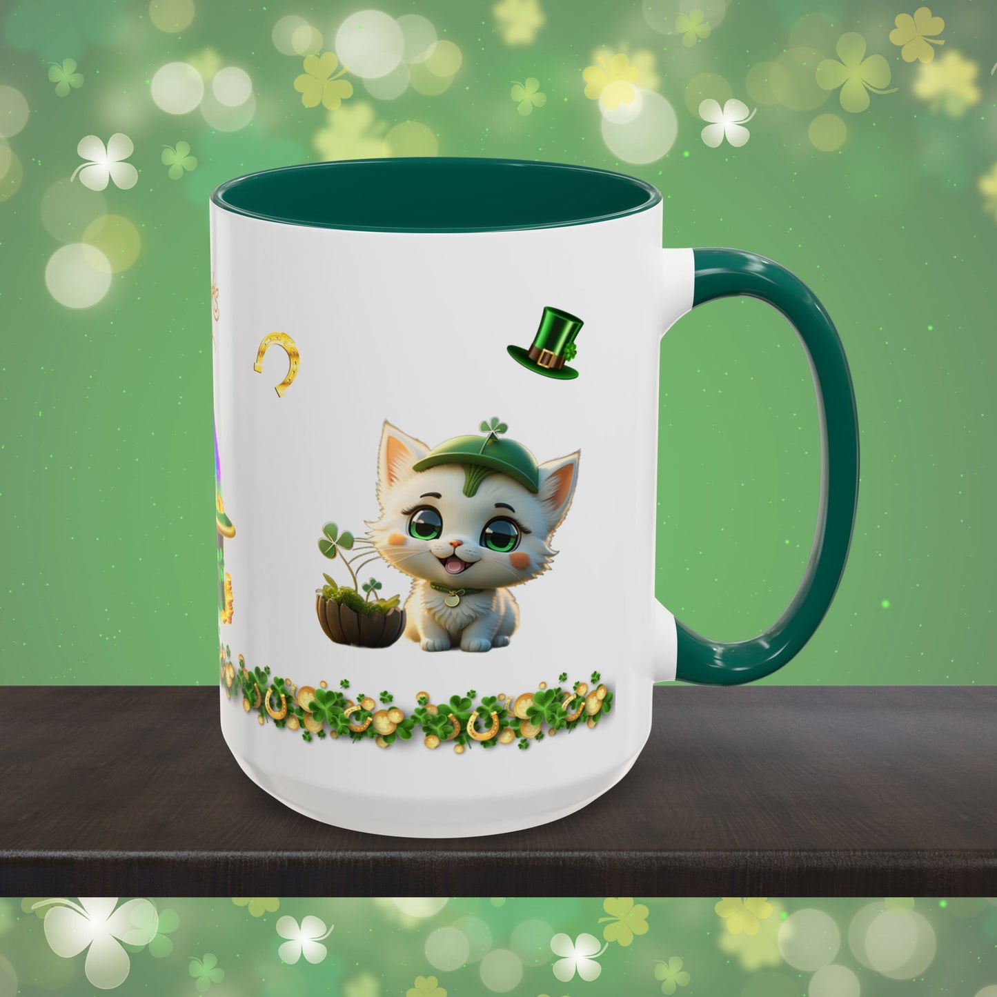 Clover Comfort Cat: St. Patrick's Day Two-Tone Coffee Mug - Festive Ceramic Mug for Positivity & Mindfulness