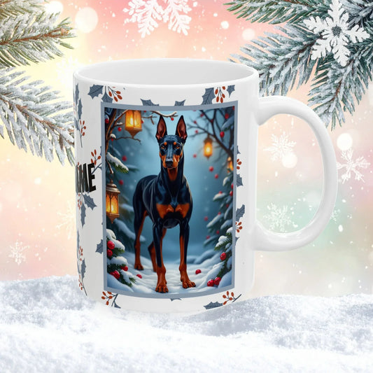 Shop our doberman blue rust winter lodge mug featuring the 15oz style option from MySisterIsASurvivor.