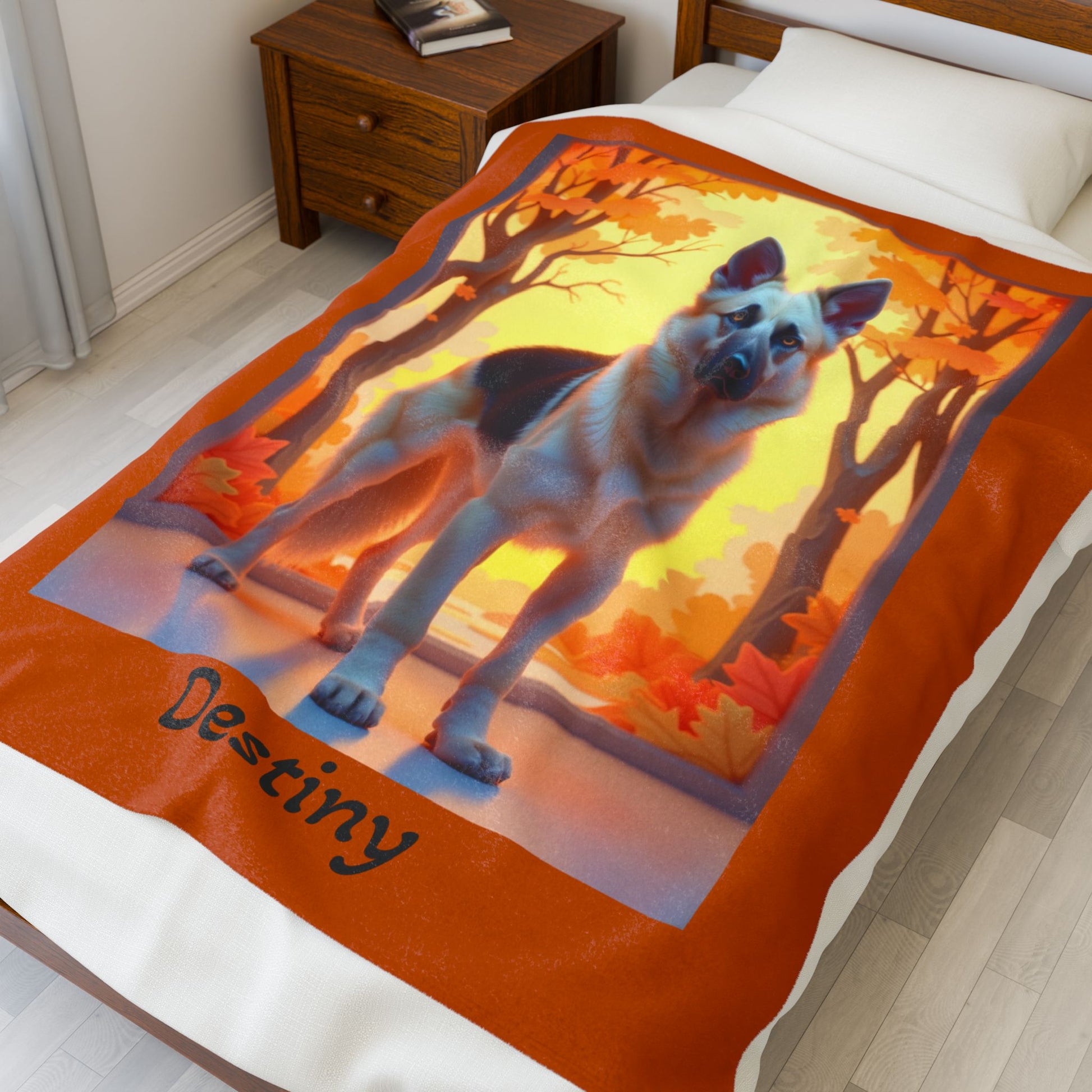 German Shepherd Black & Cream Coat Velveteen Blanket, Personalized Plush Dog Throw for GSD Fans