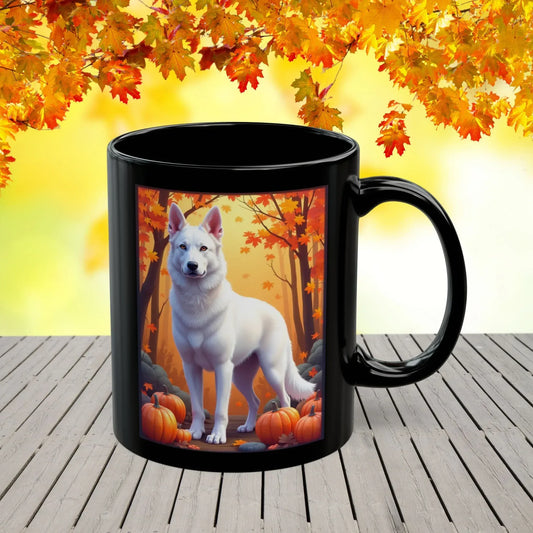Shop our white german shepherd autumn black mug featuring the 15oz style option from MySisterIsASurvivor.