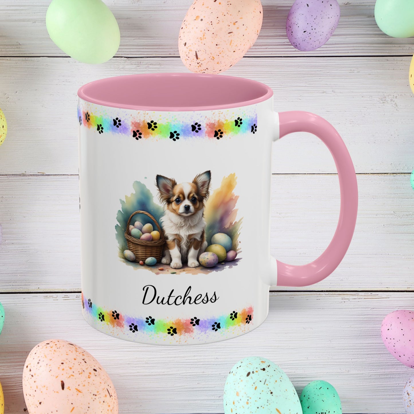 Papillon Brown & White Easter puppy coffee mug, personalized cute dog gift for mental health awareness and comfort