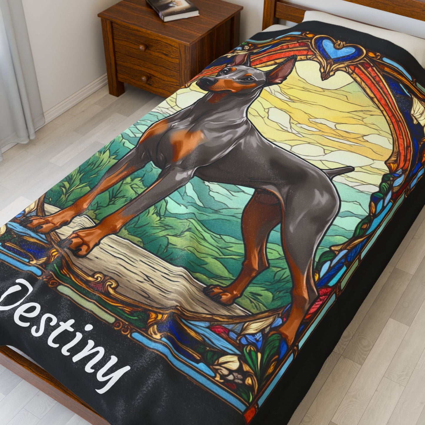 Doberman fawn Isabella and rust velveteen blanket, stained glass dog throw, personalized pet gift - MySisterIsASurvivor