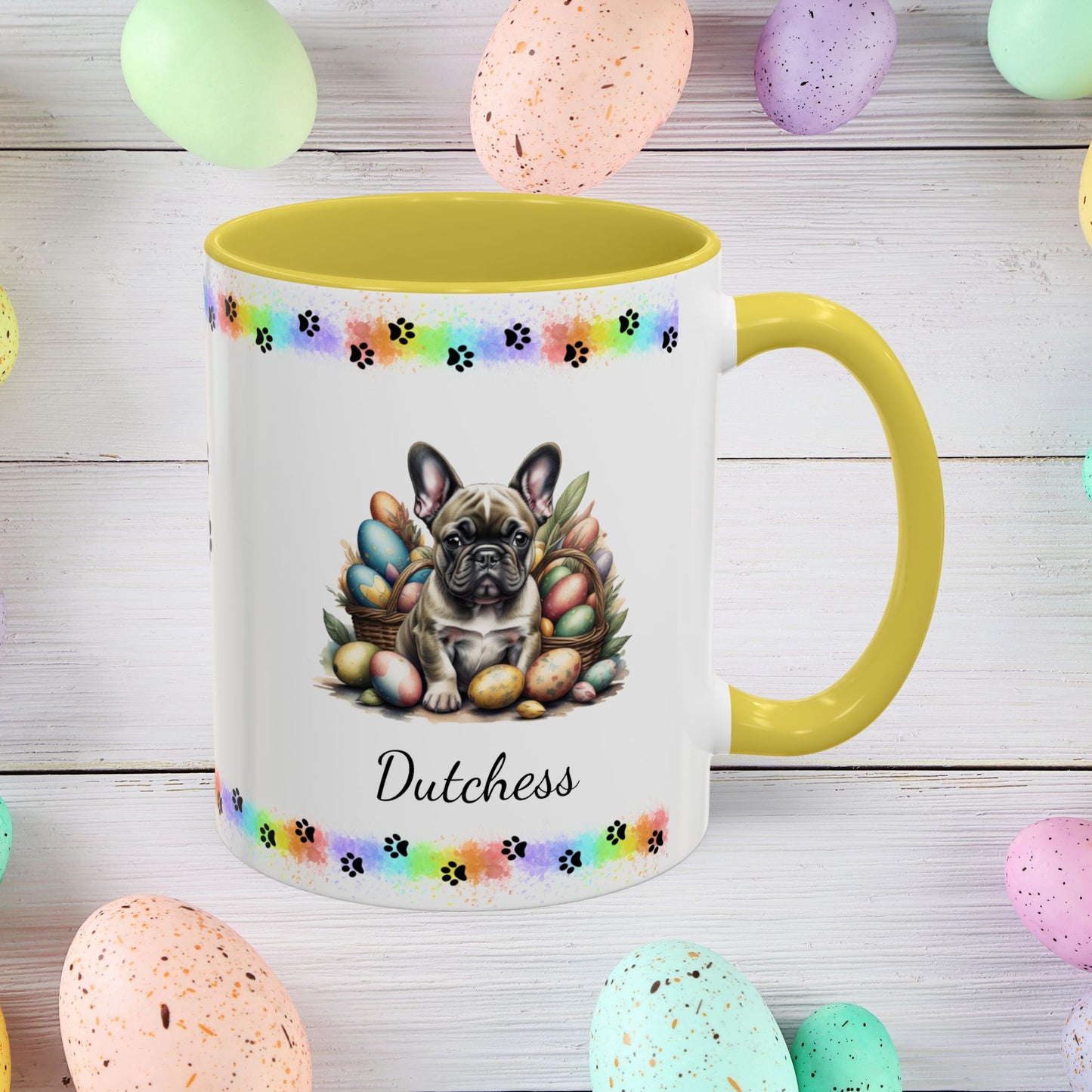 French Bulldog Brindle Easter puppy coffee mug, personalized cute dog gift for mental health support and comfort