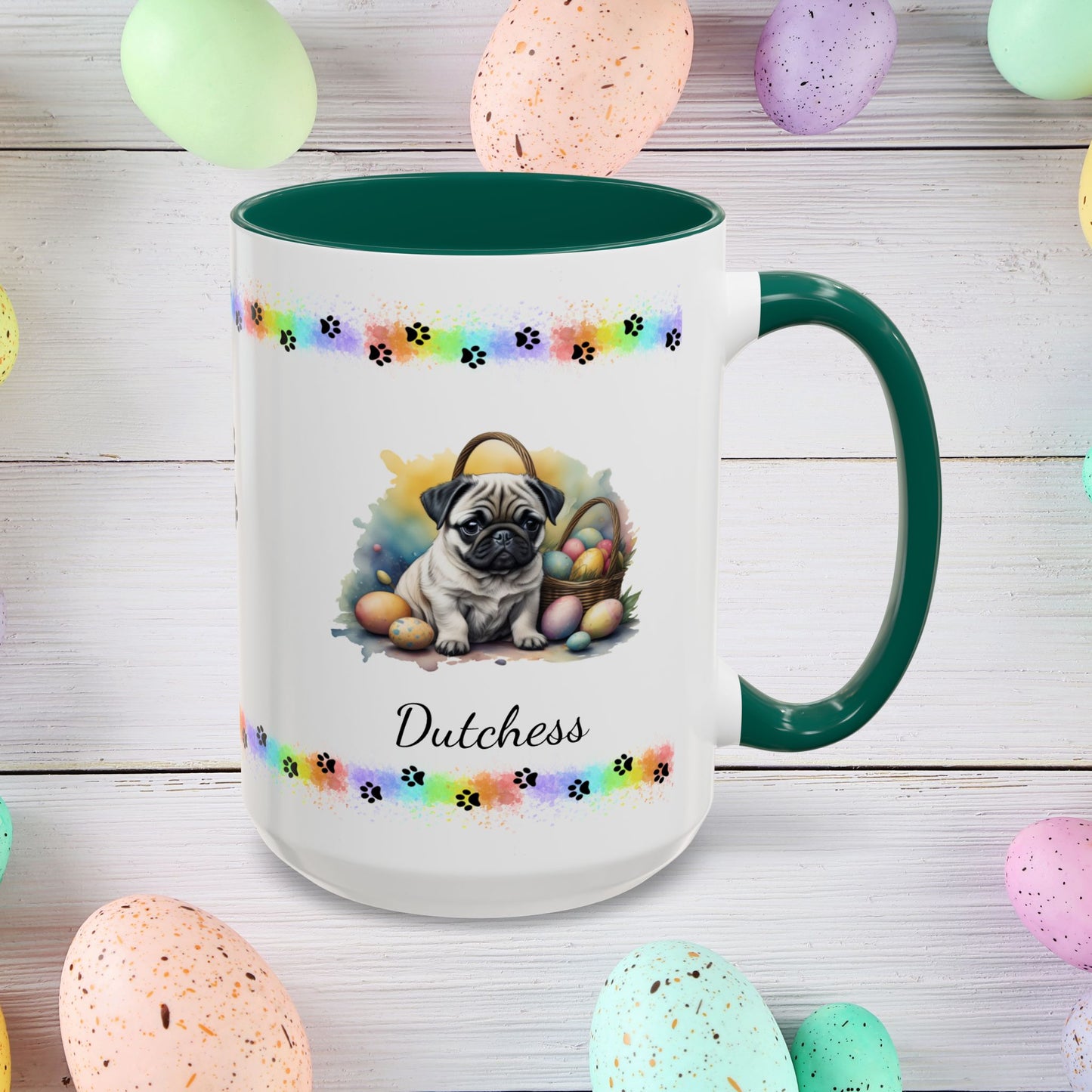 Sweet Pug Easter puppy coffee mug personalized for dog lovers, uplifting mental health and spreading Easter cheer.
